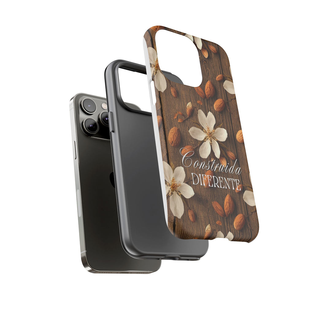 Phone Case — Floral Almond Wood Design with "Construida Diferente"