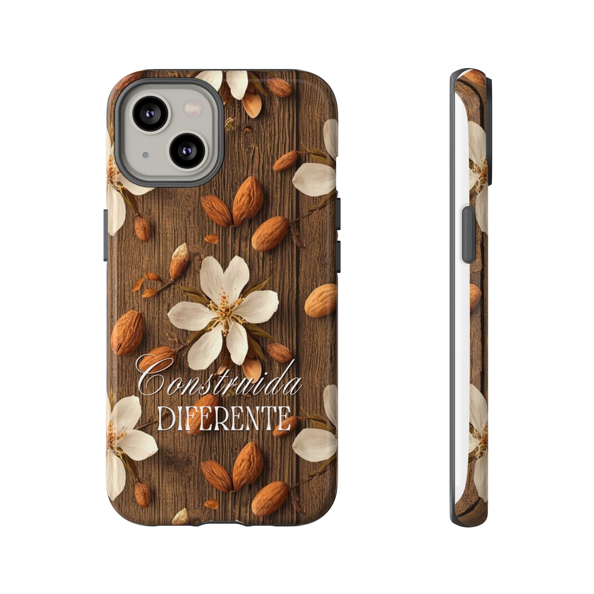 Phone Case — Floral Almond Wood Design with "Construida Diferente"