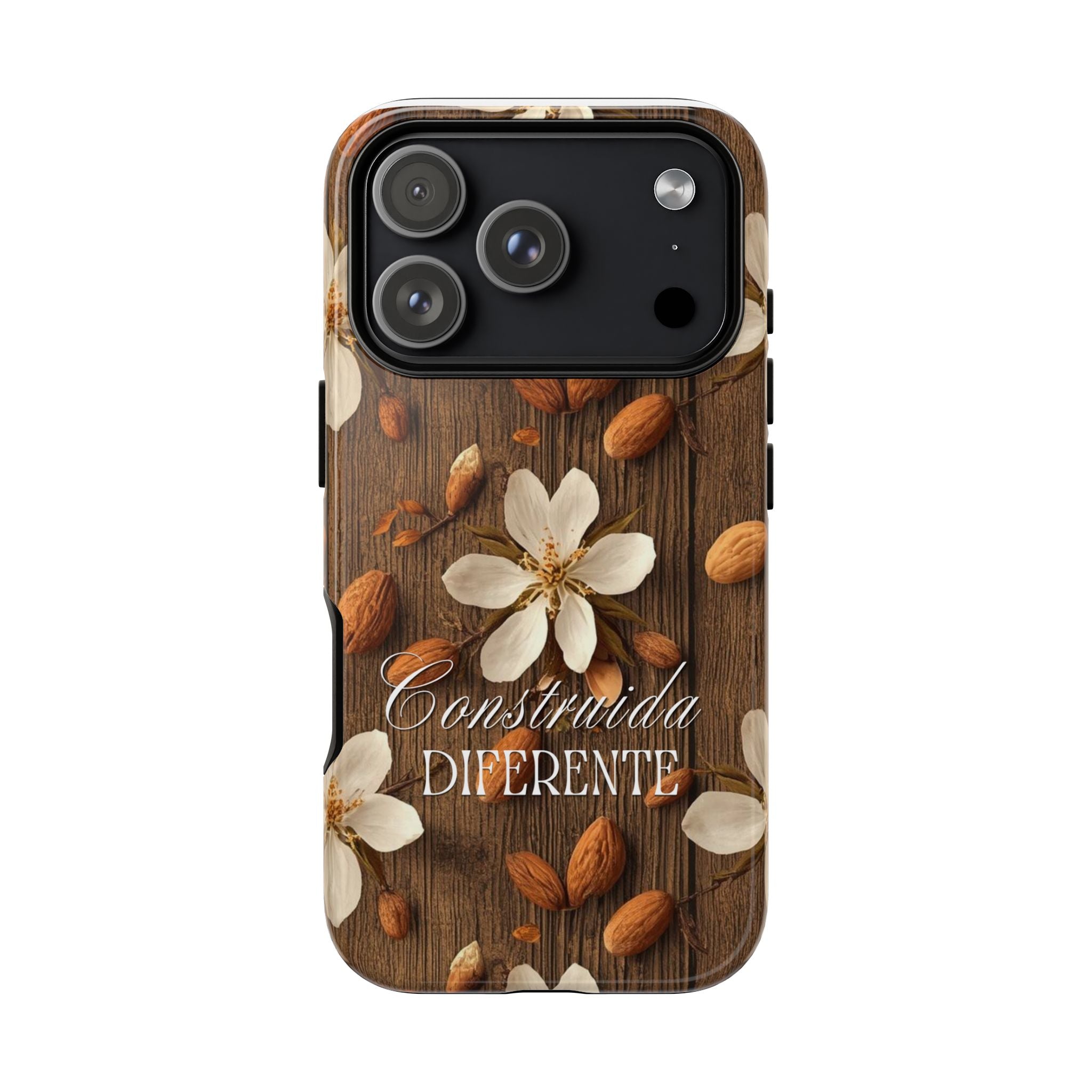 Phone Case — Floral Almond Wood Design with "Construida Diferente"