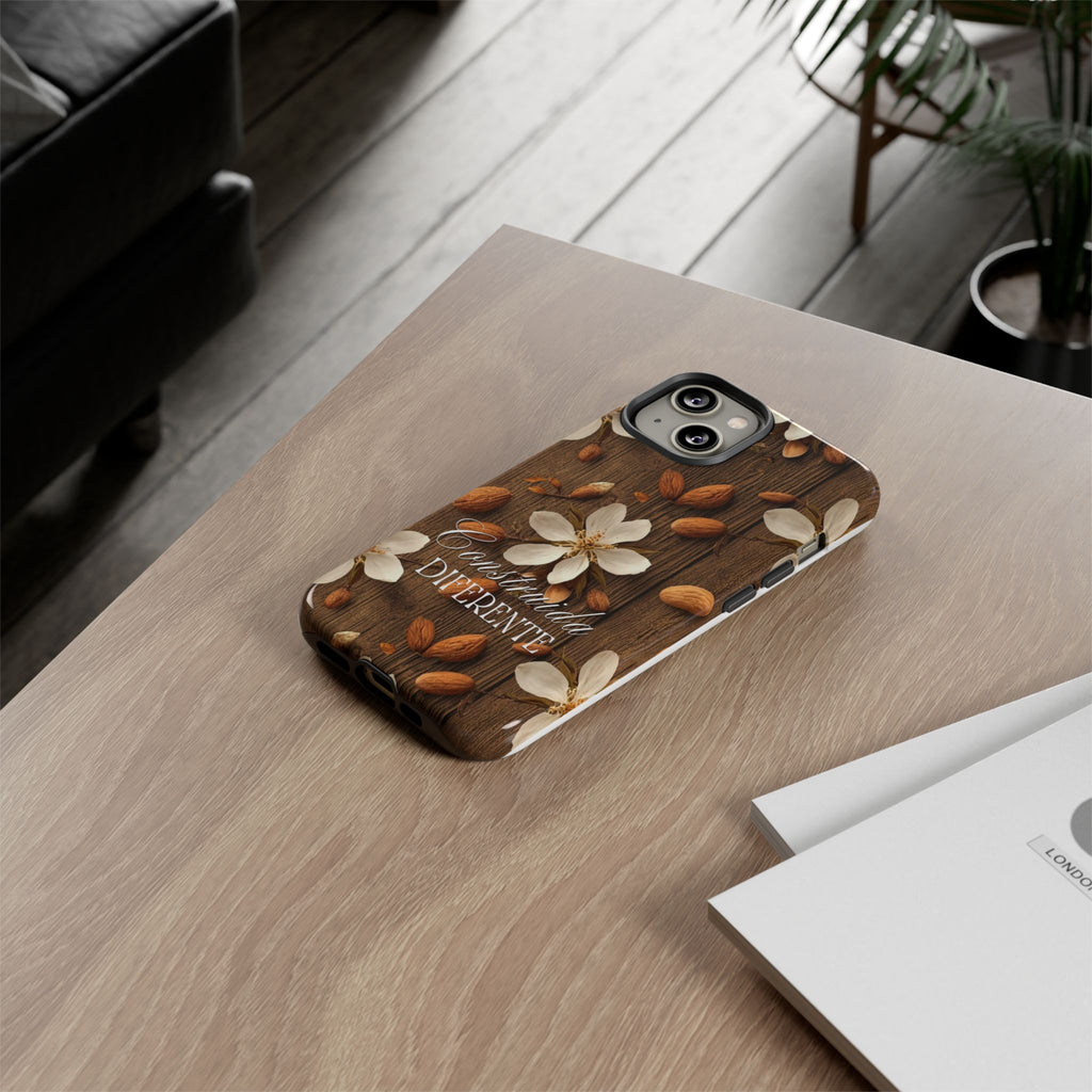 Phone Case — Floral Almond Wood Design with "Construida Diferente"