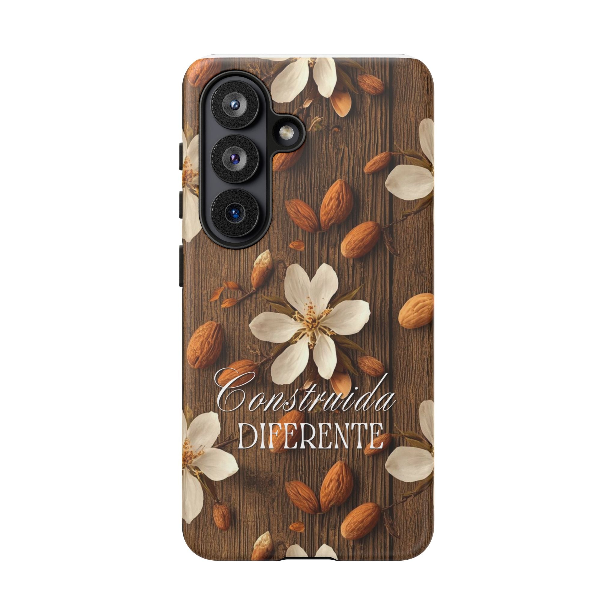 Phone Case — Floral Almond Wood Design with "Construida Diferente"