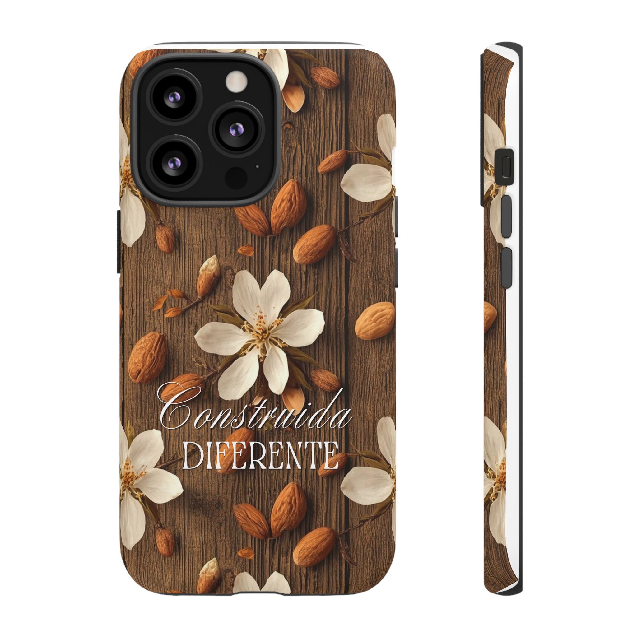 Phone Case — Floral Almond Wood Design with "Construida Diferente"