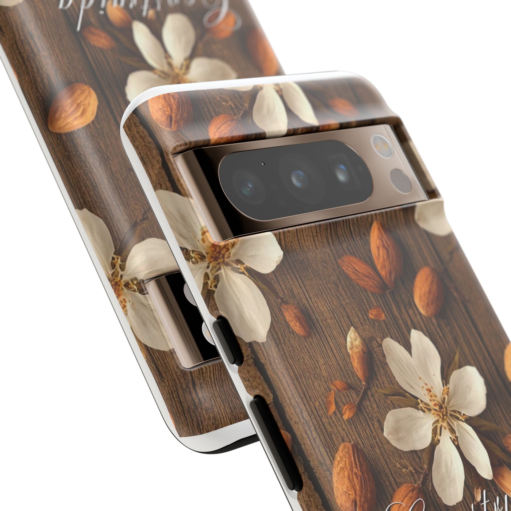 Phone Case — Floral Almond Wood Design with "Construida Diferente"