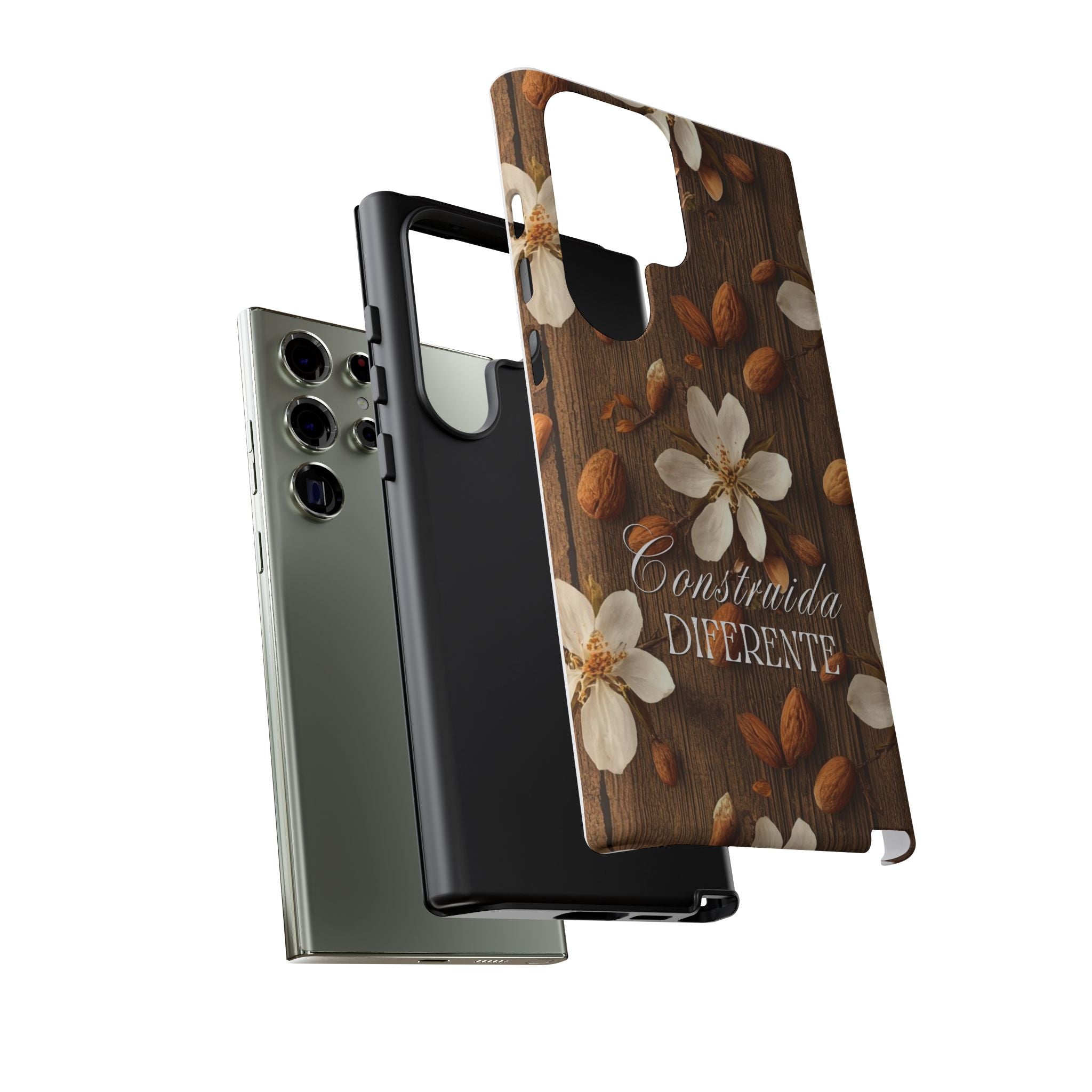 Phone Case — Floral Almond Wood Design with "Construida Diferente"