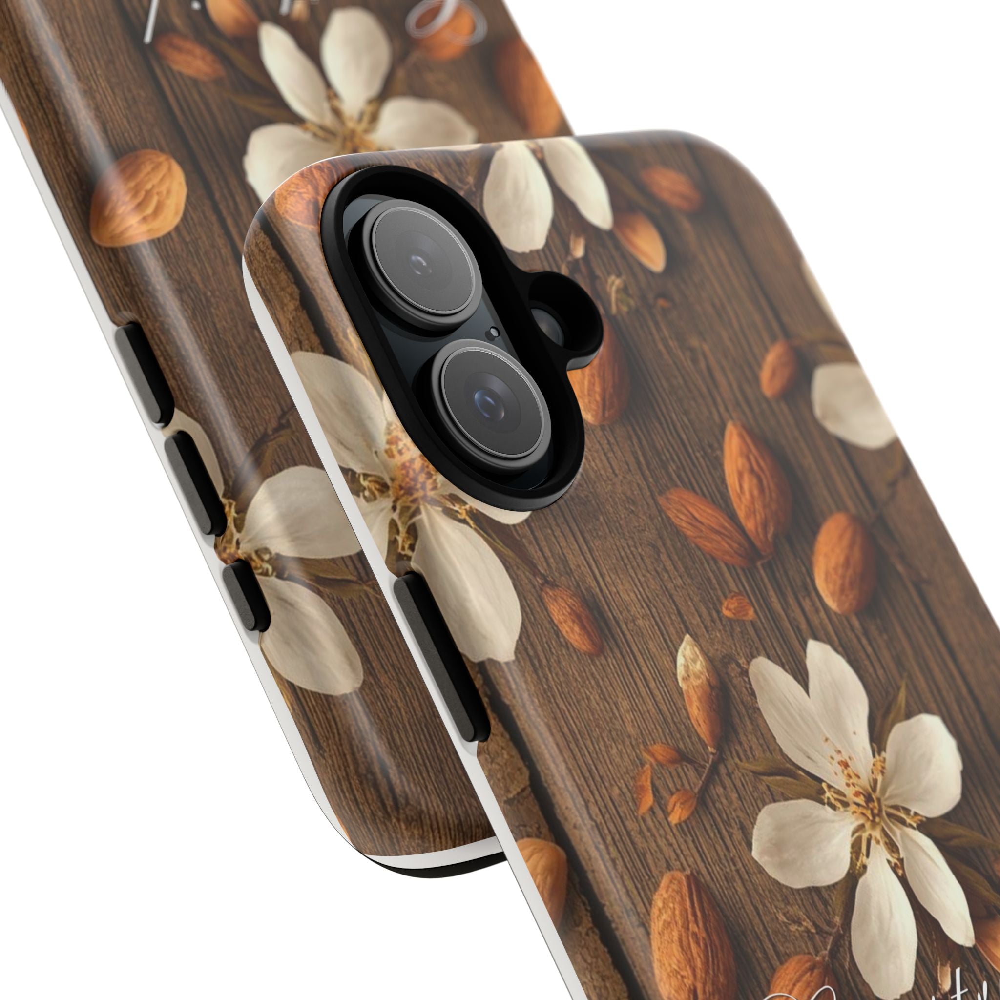 Phone Case — Floral Almond Wood Design with "Construida Diferente"