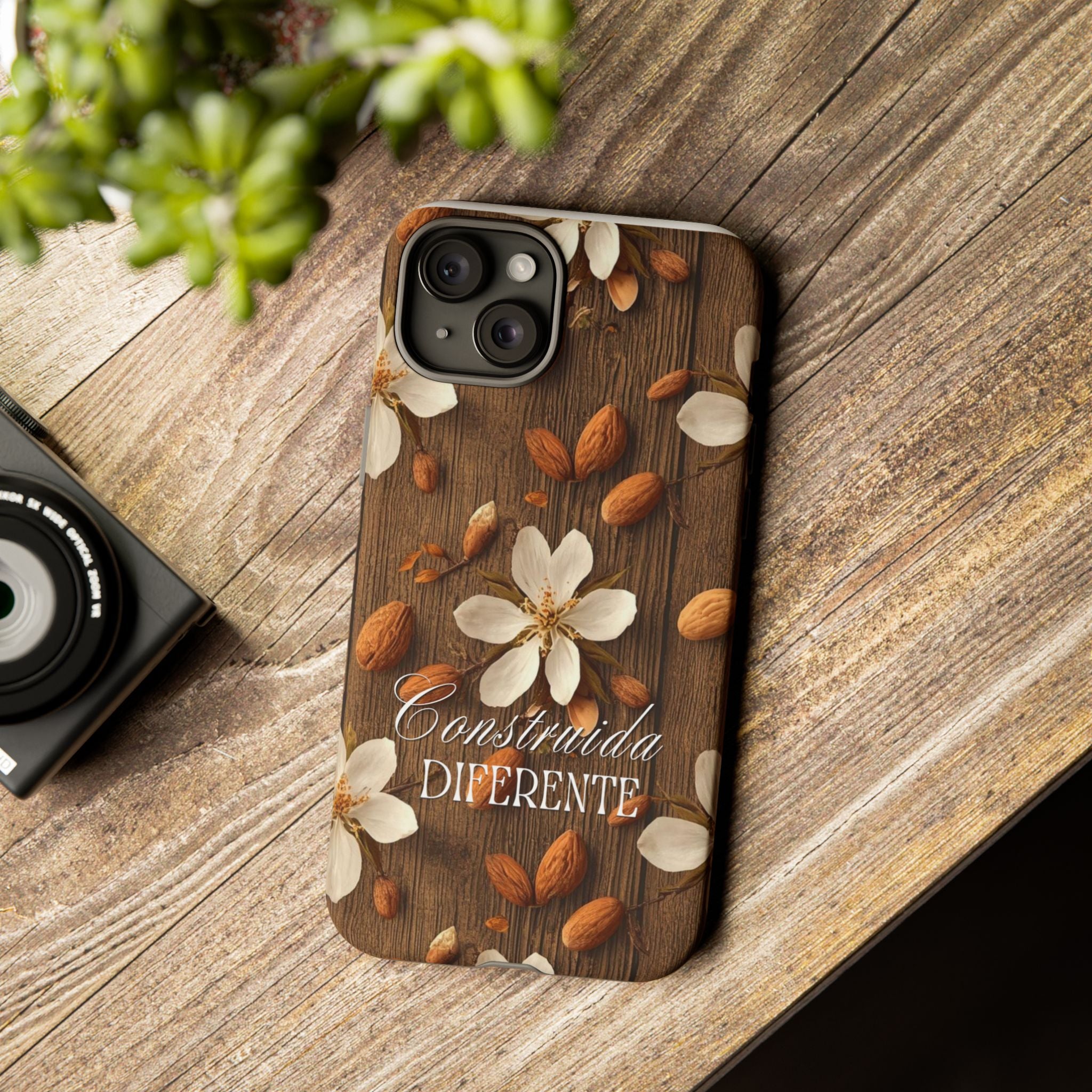 Phone Case — Floral Almond Wood Design with "Construida Diferente"