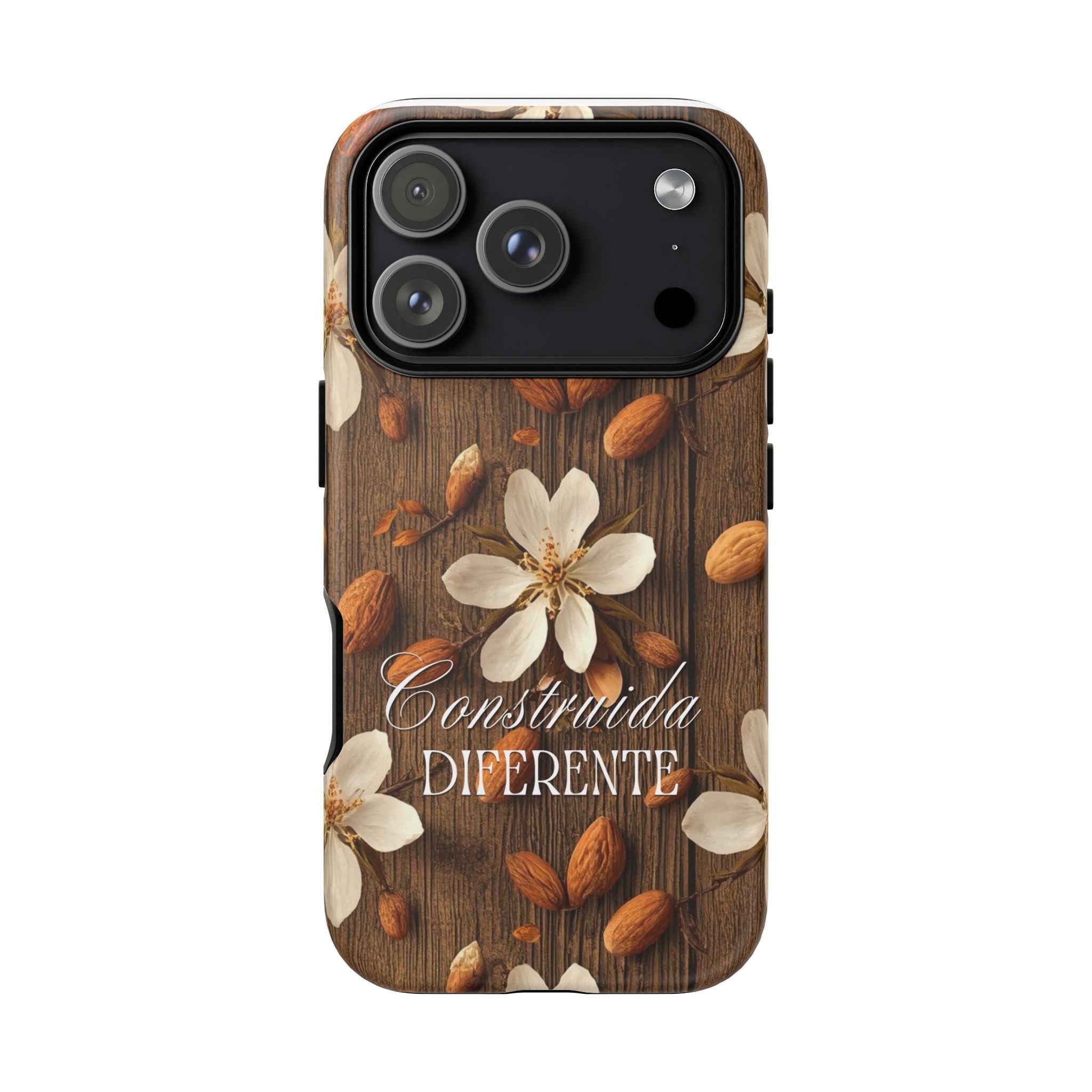 Phone Case — Floral Almond Wood Design with "Construida Diferente"