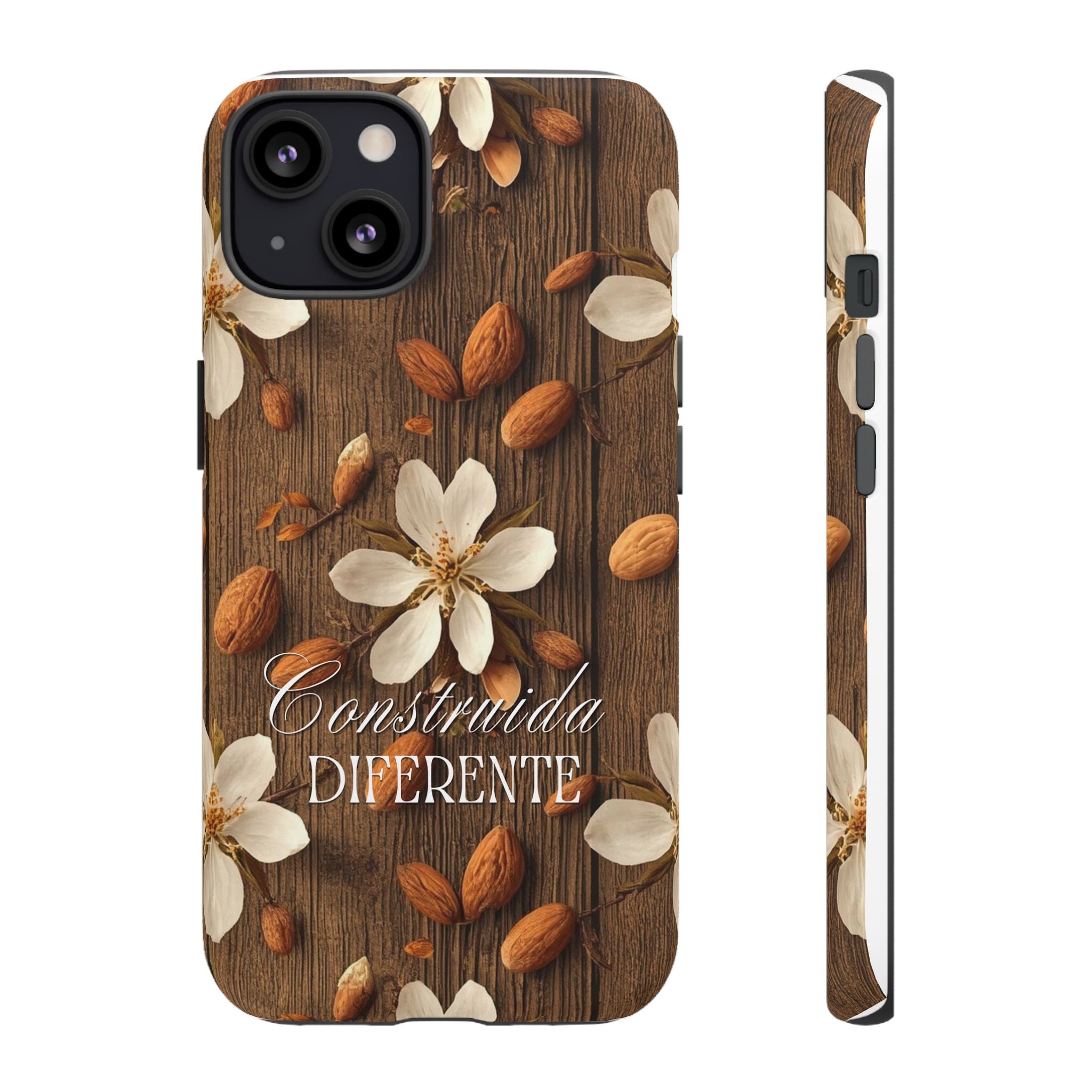 Phone Case — Floral Almond Wood Design with "Construida Diferente"