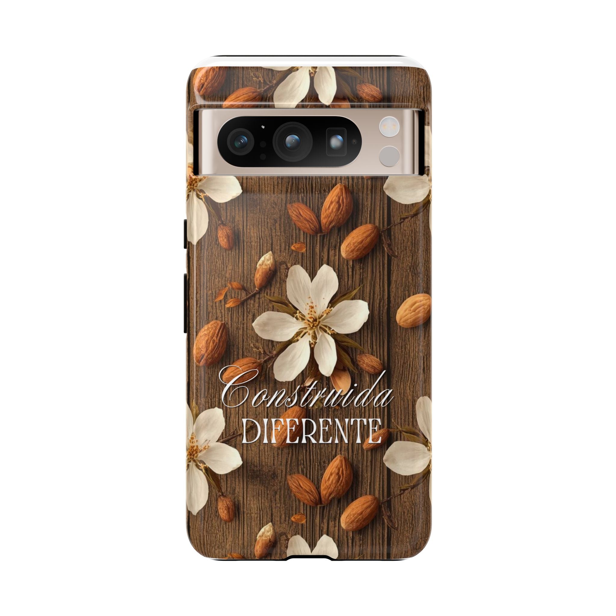 Phone Case — Floral Almond Wood Design with "Construida Diferente"