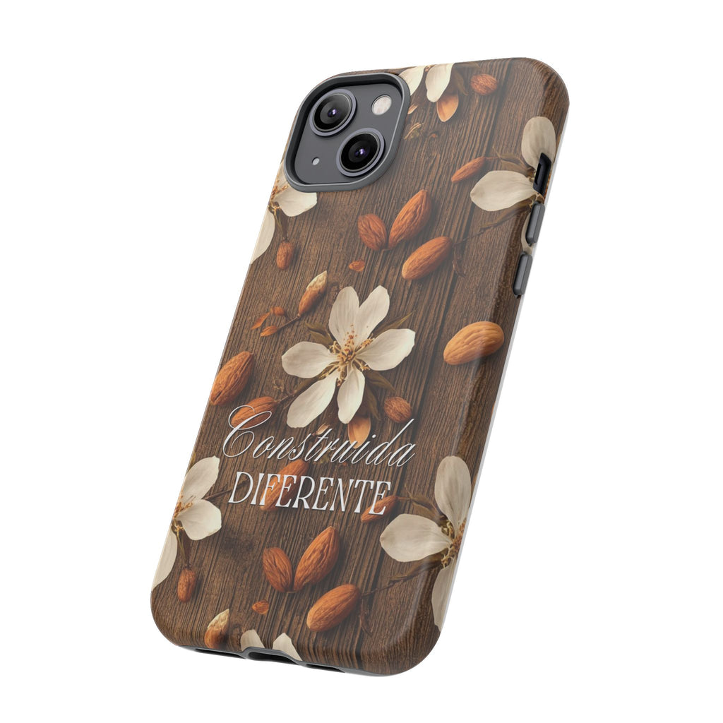 Phone Case — Floral Almond Wood Design with "Construida Diferente"