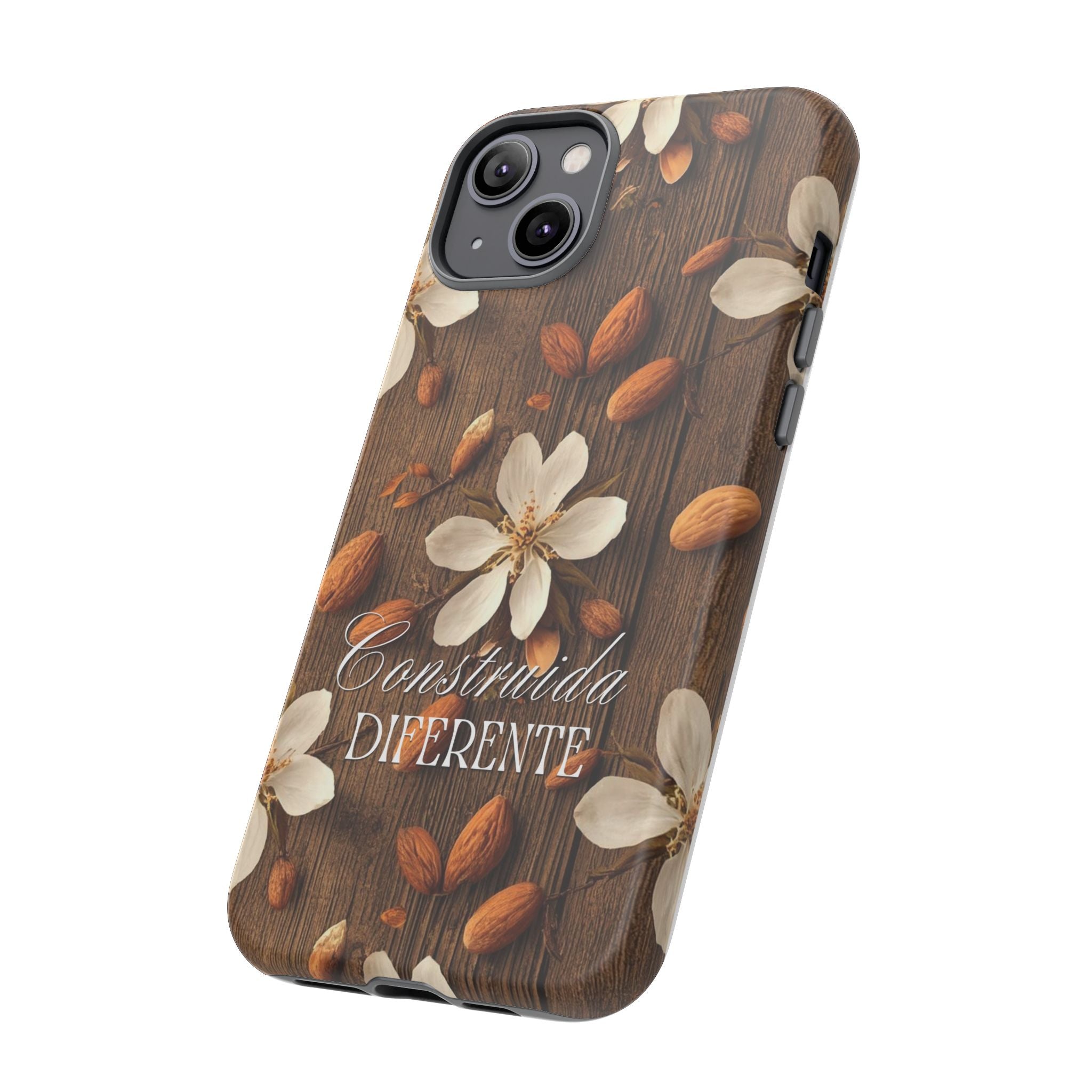 Phone Case — Floral Almond Wood Design with "Construida Diferente"
