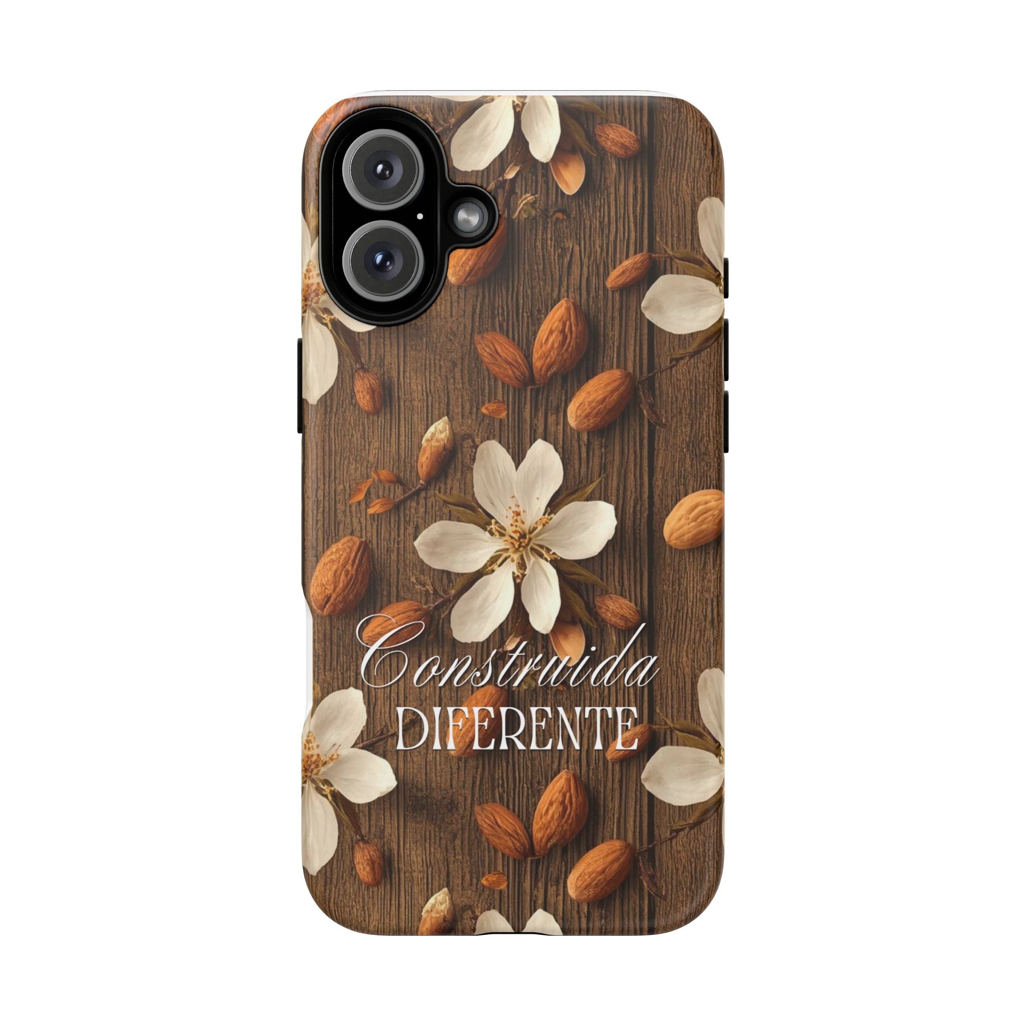 Phone Case — Floral Almond Wood Design with "Construida Diferente"