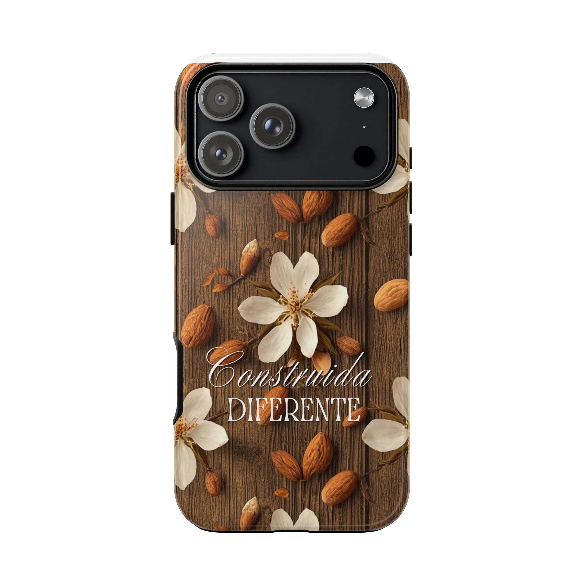 Phone Case — Floral Almond Wood Design with "Construida Diferente"