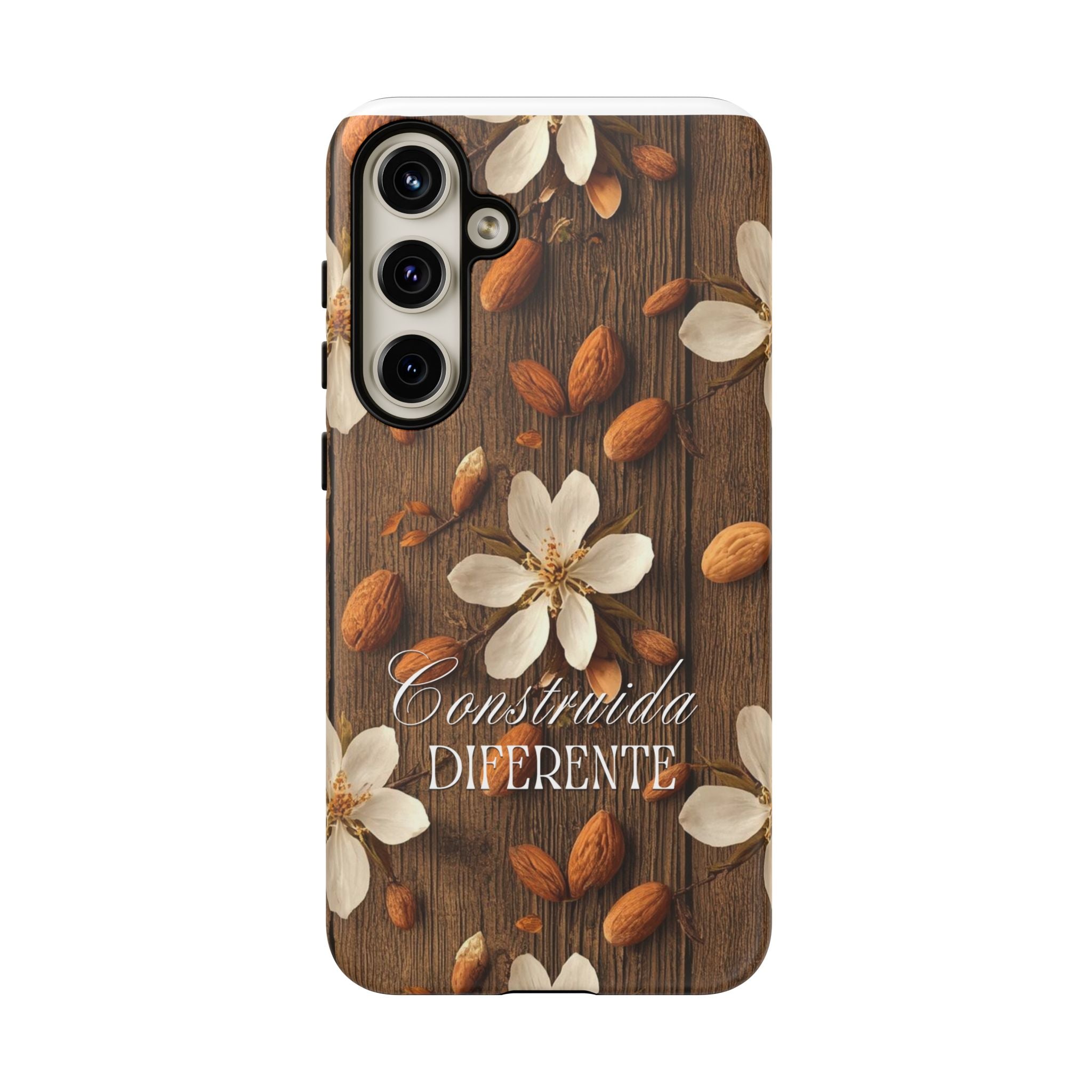 Phone Case — Floral Almond Wood Design with "Construida Diferente"