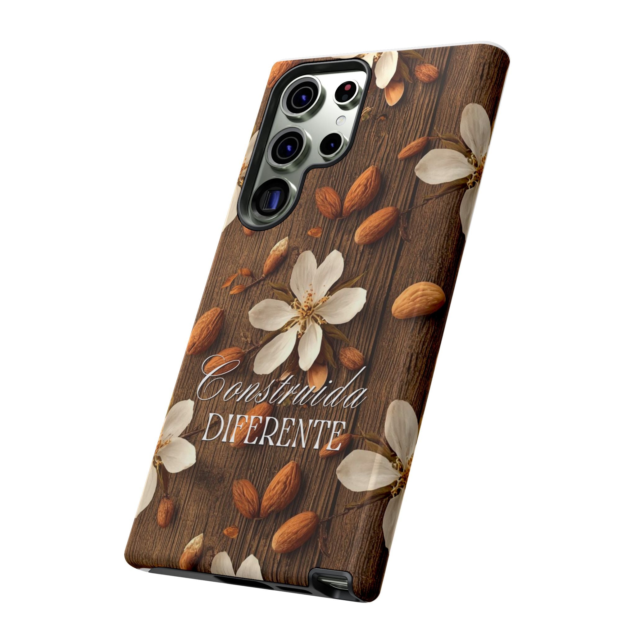 Phone Case — Floral Almond Wood Design with "Construida Diferente"
