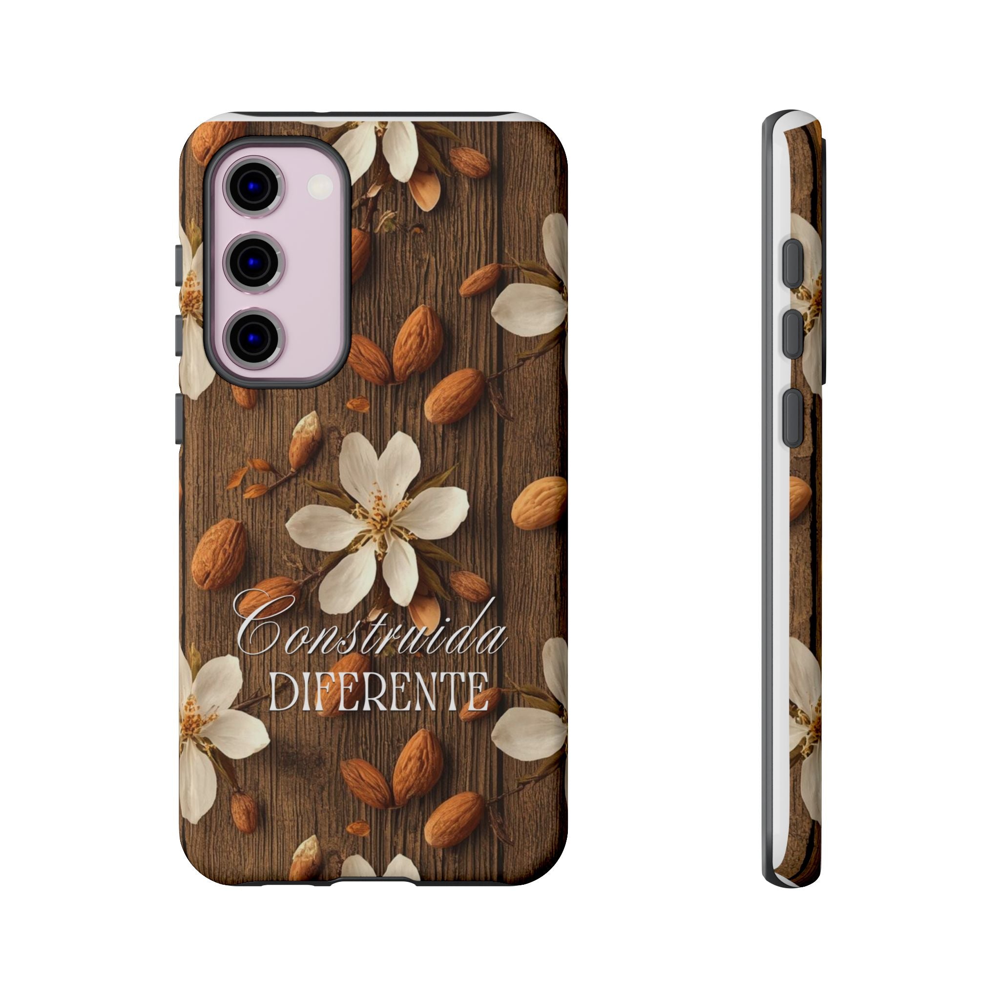Phone Case — Floral Almond Wood Design with "Construida Diferente"