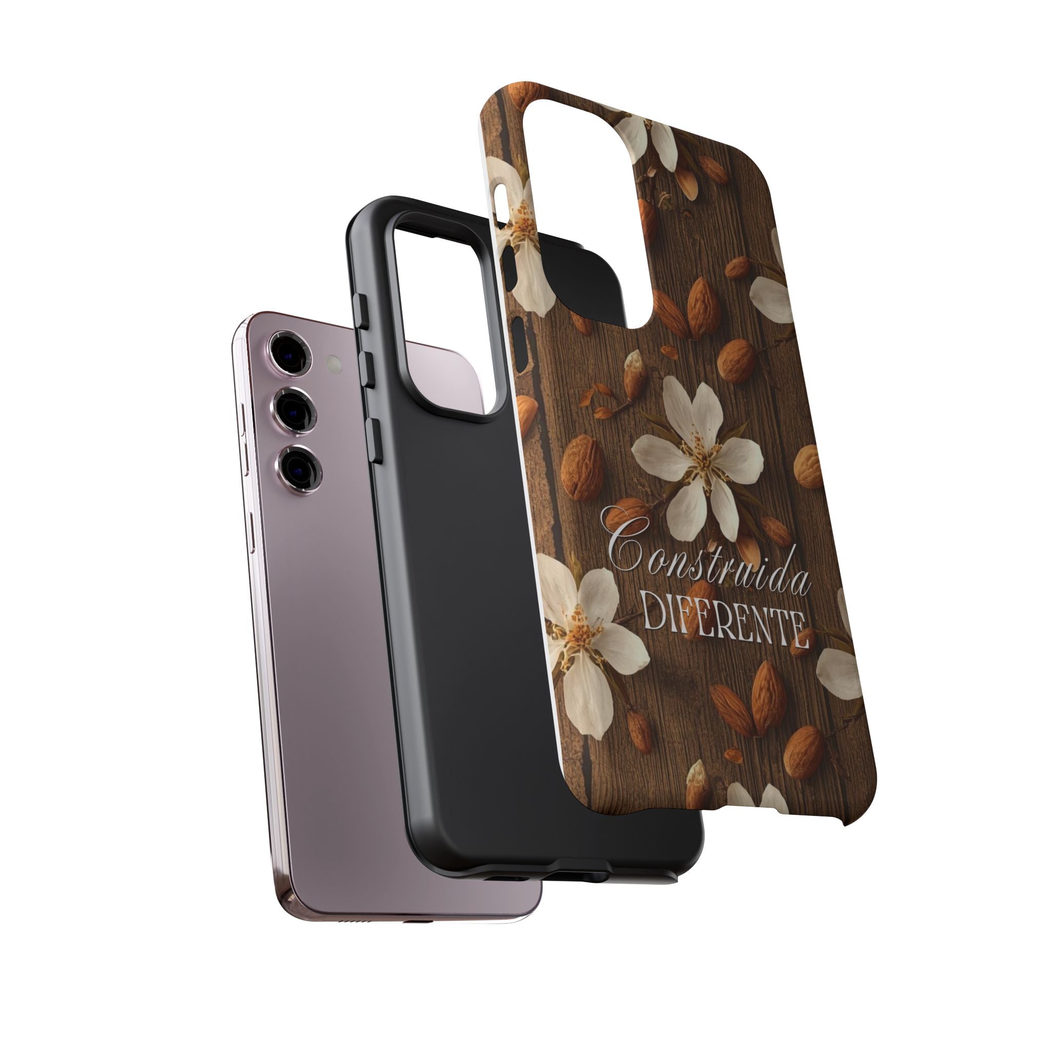 Phone Case — Floral Almond Wood Design with "Construida Diferente"