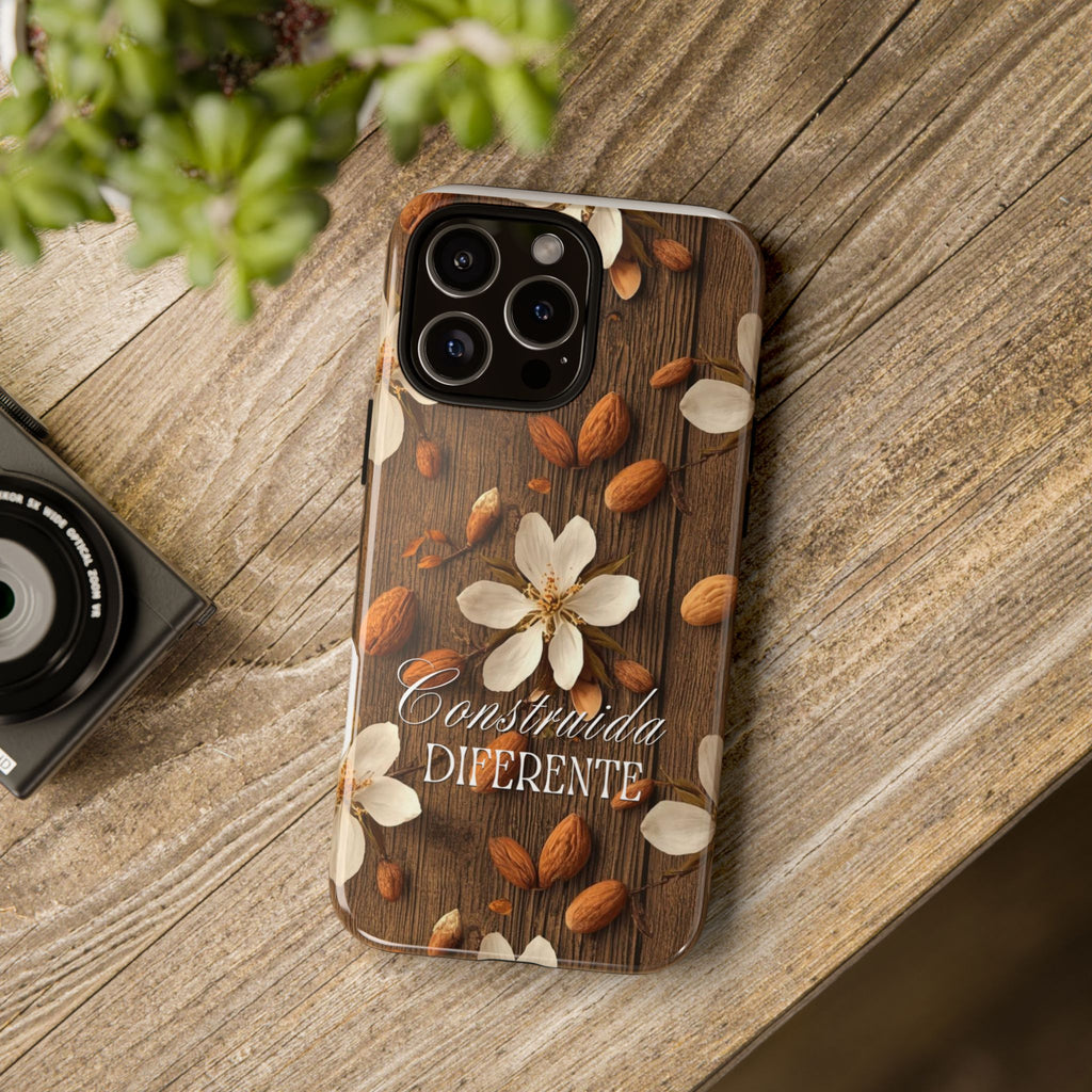 Phone Case — Floral Almond Wood Design with "Construida Diferente"