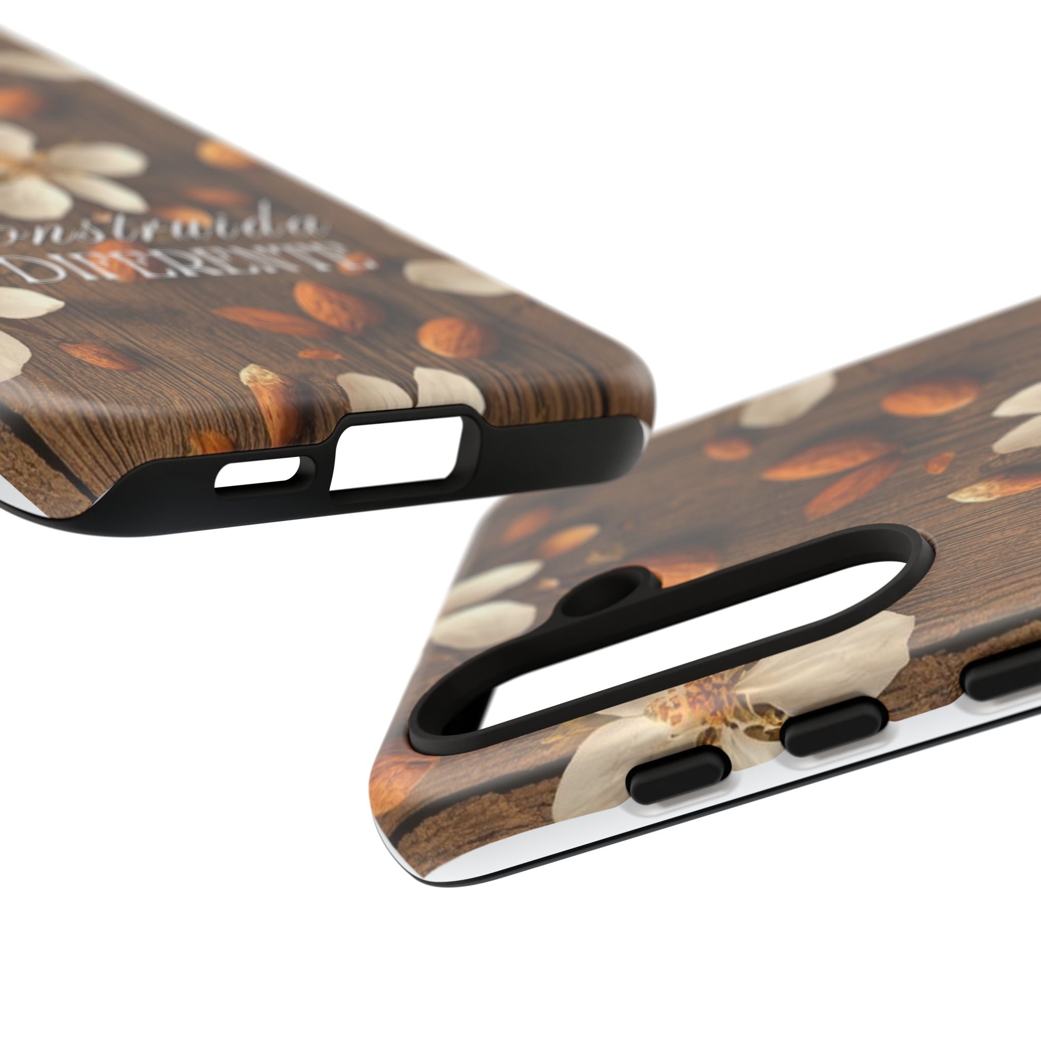 Phone Case — Floral Almond Wood Design with "Construida Diferente"