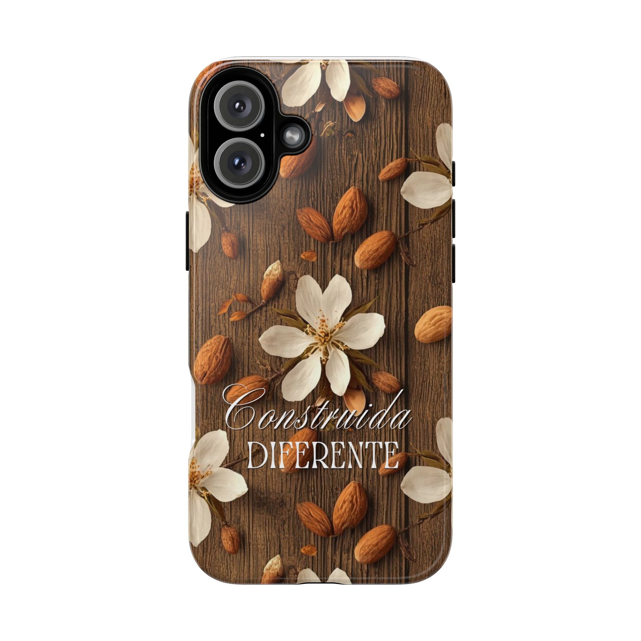 Phone Case — Floral Almond Wood Design with "Construida Diferente"