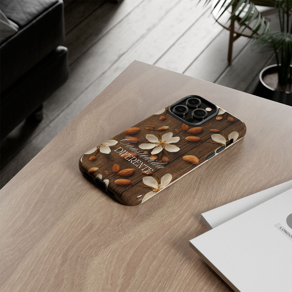 Phone Case — Floral Almond Wood Design with "Construida Diferente"