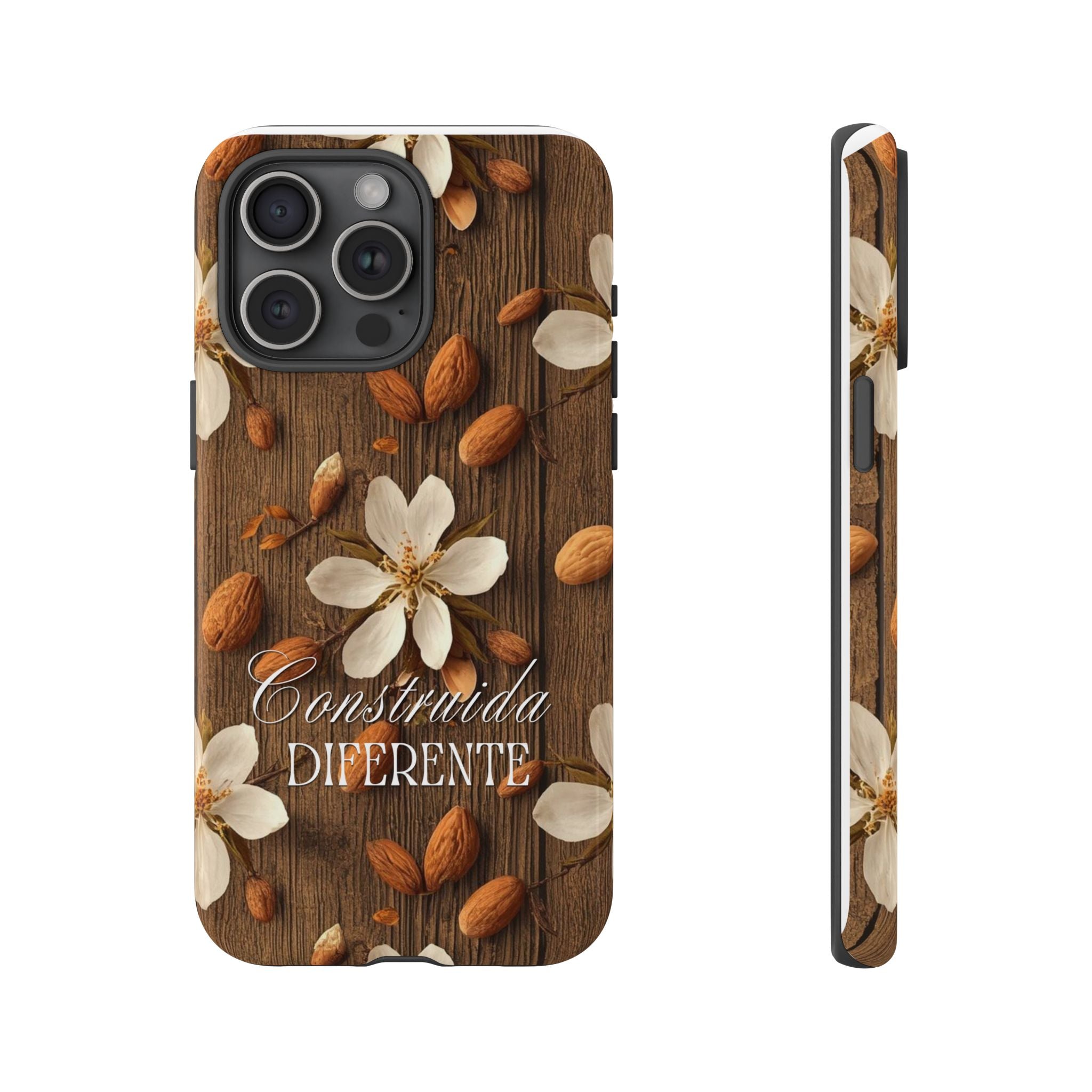 Phone Case — Floral Almond Wood Design with "Construida Diferente"