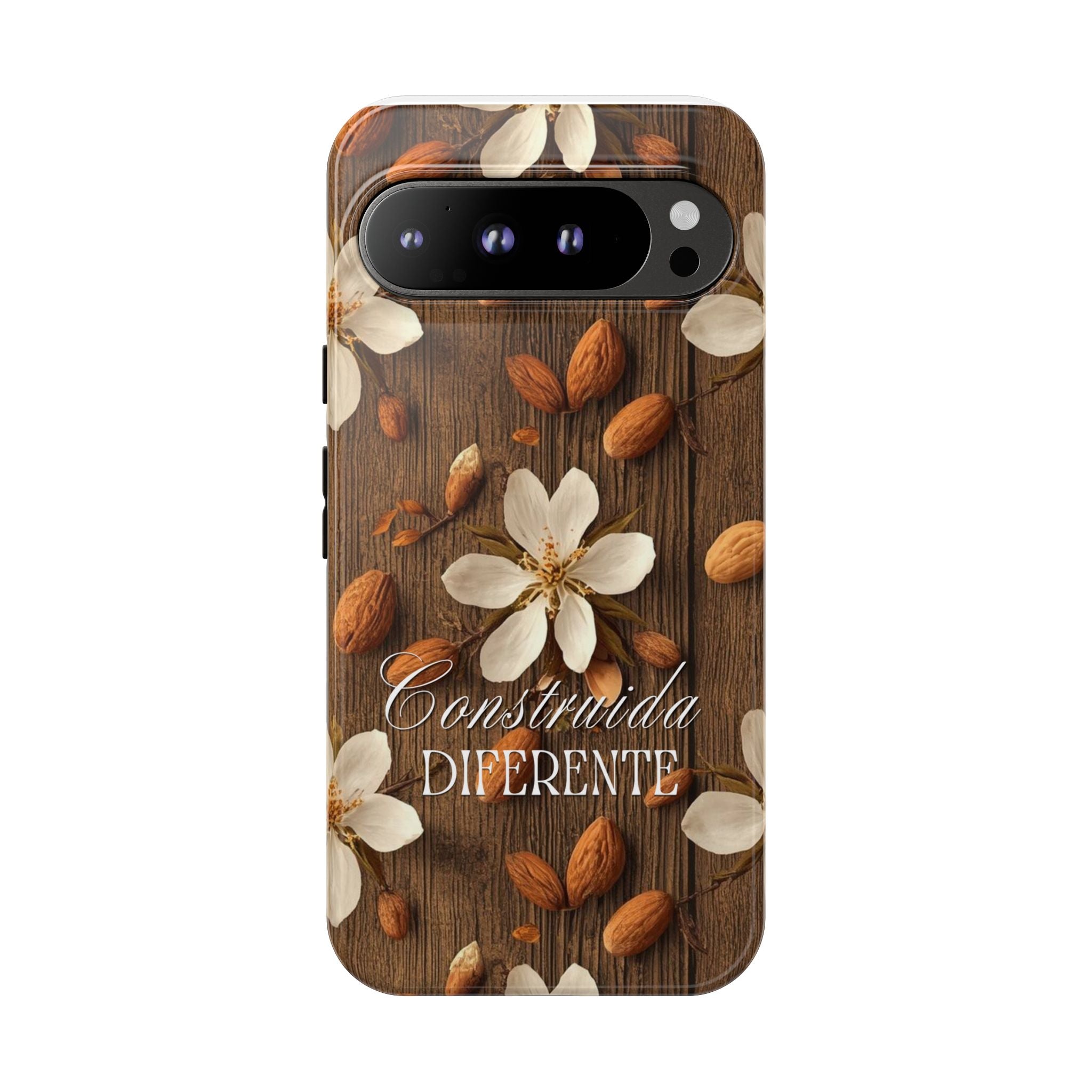 Phone Case — Floral Almond Wood Design with "Construida Diferente"