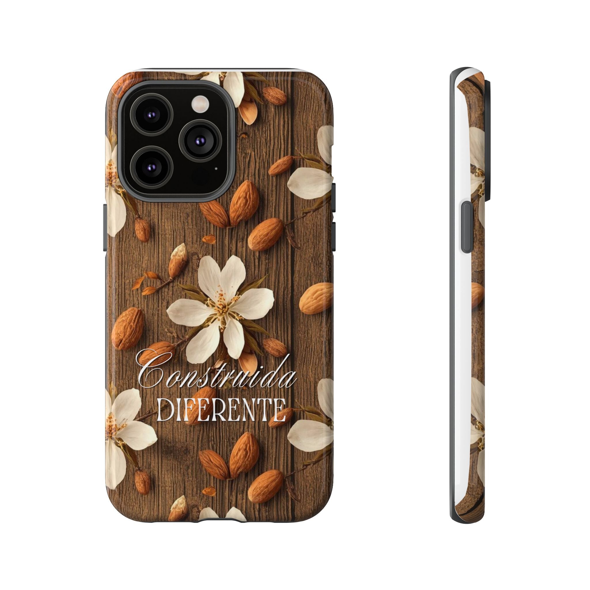 Phone Case — Floral Almond Wood Design with "Construida Diferente"