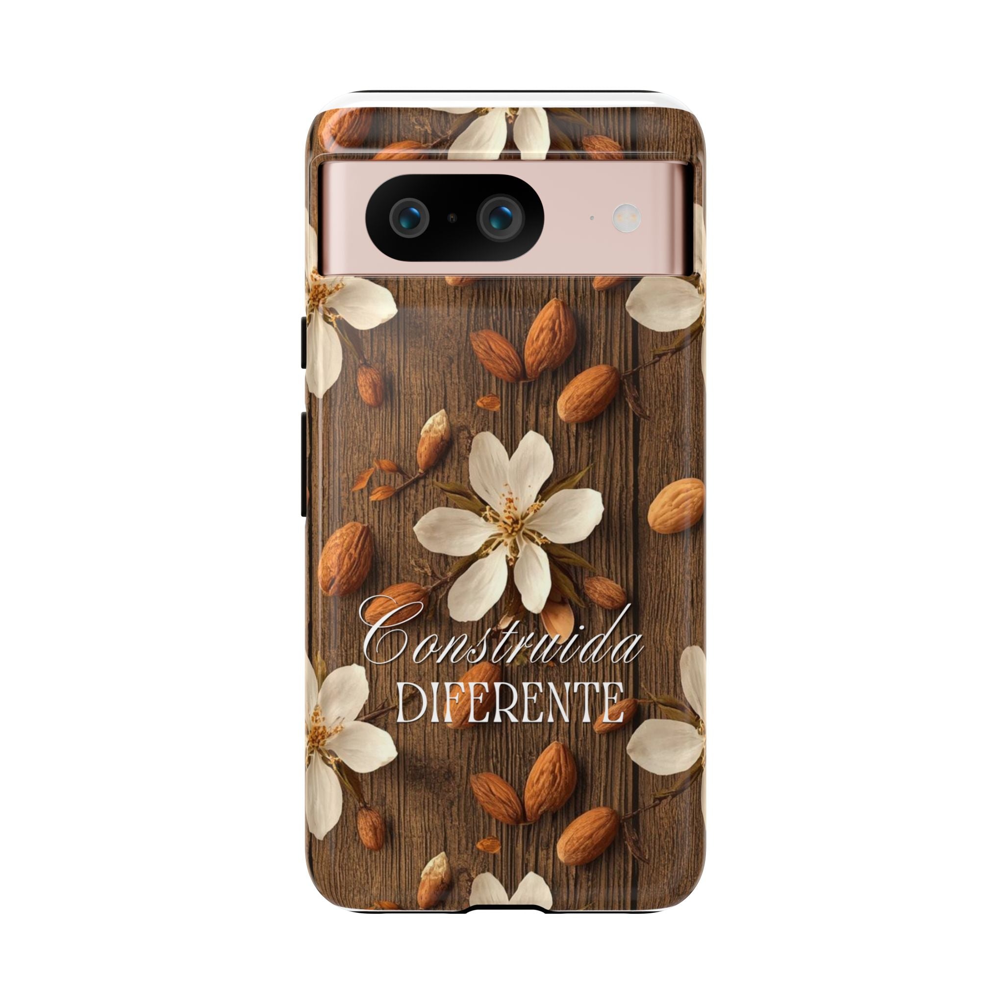 Phone Case — Floral Almond Wood Design with "Construida Diferente"