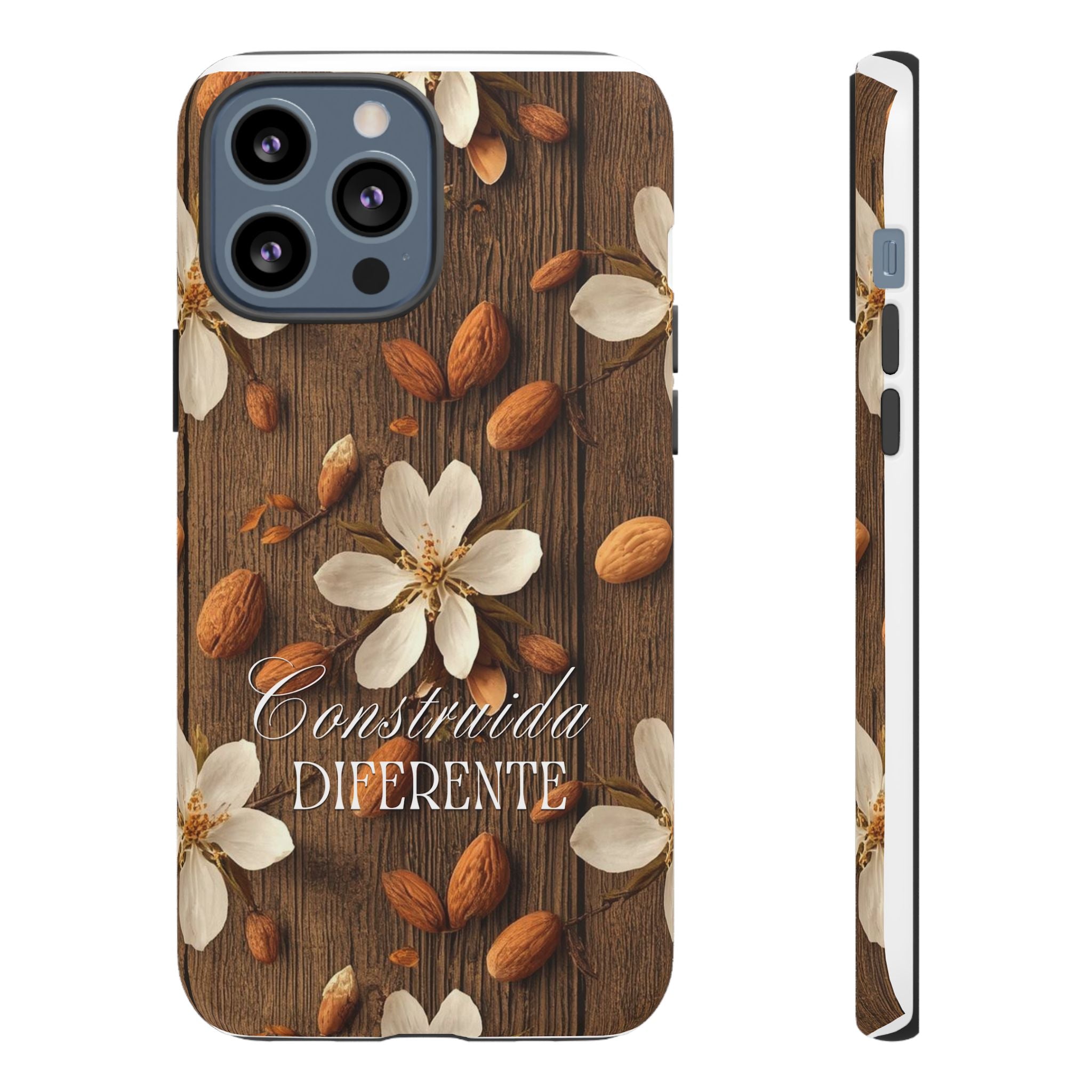 Phone Case — Floral Almond Wood Design with "Construida Diferente"