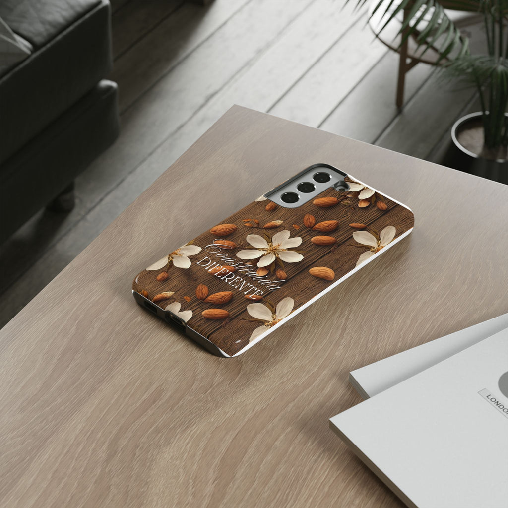 Phone Case — Floral Almond Wood Design with "Construida Diferente"