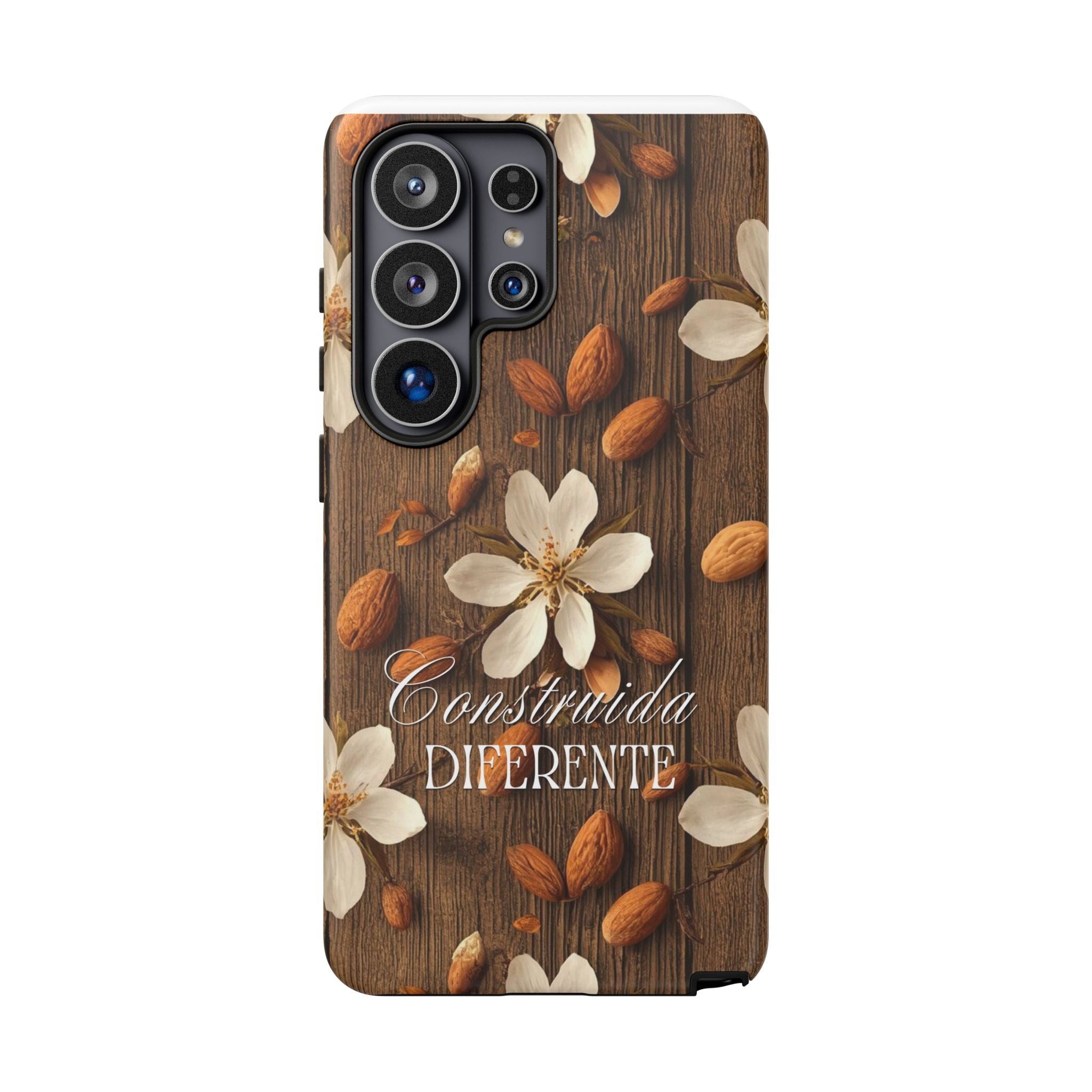 Phone Case — Floral Almond Wood Design with "Construida Diferente"