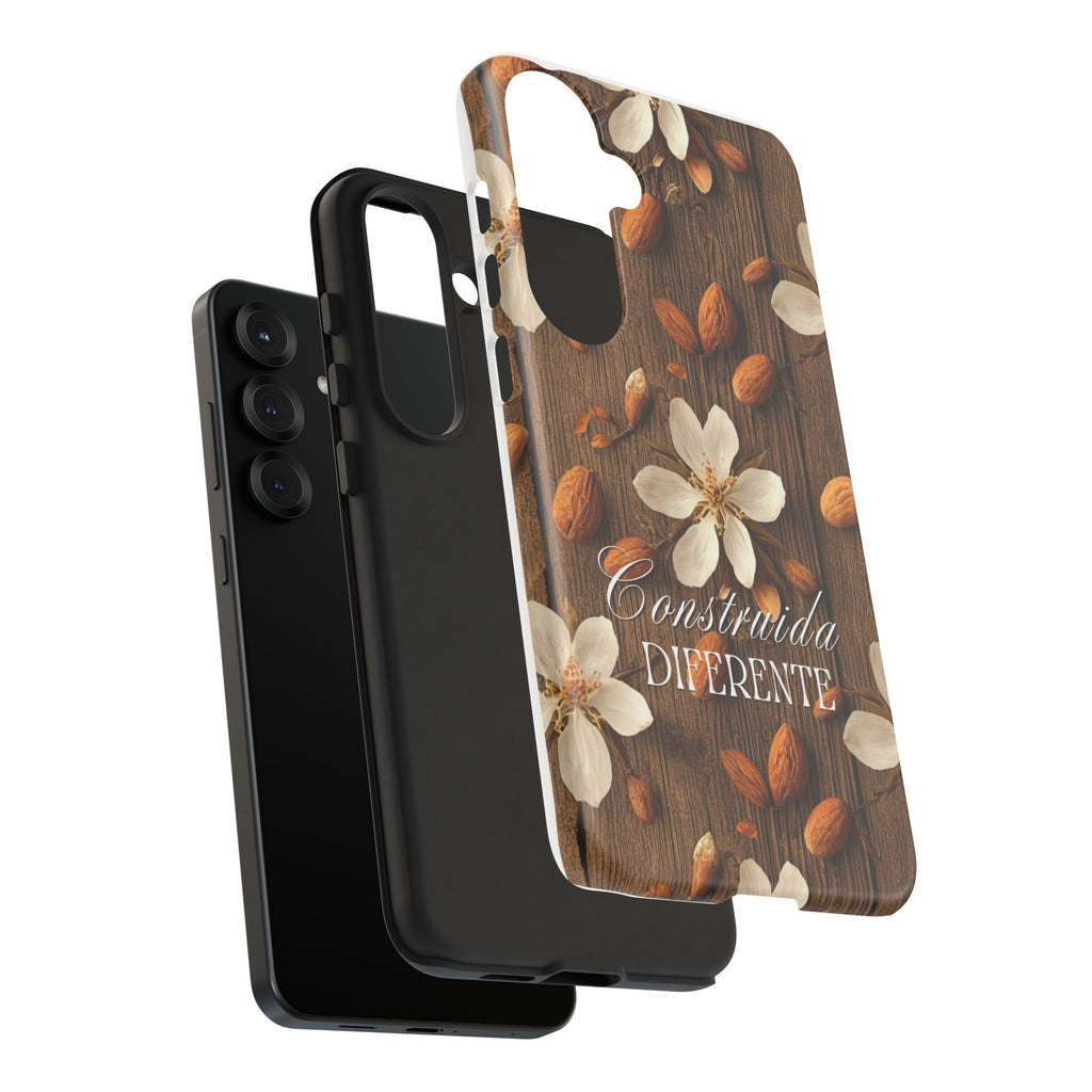 Phone Case — Floral Almond Wood Design with "Construida Diferente"