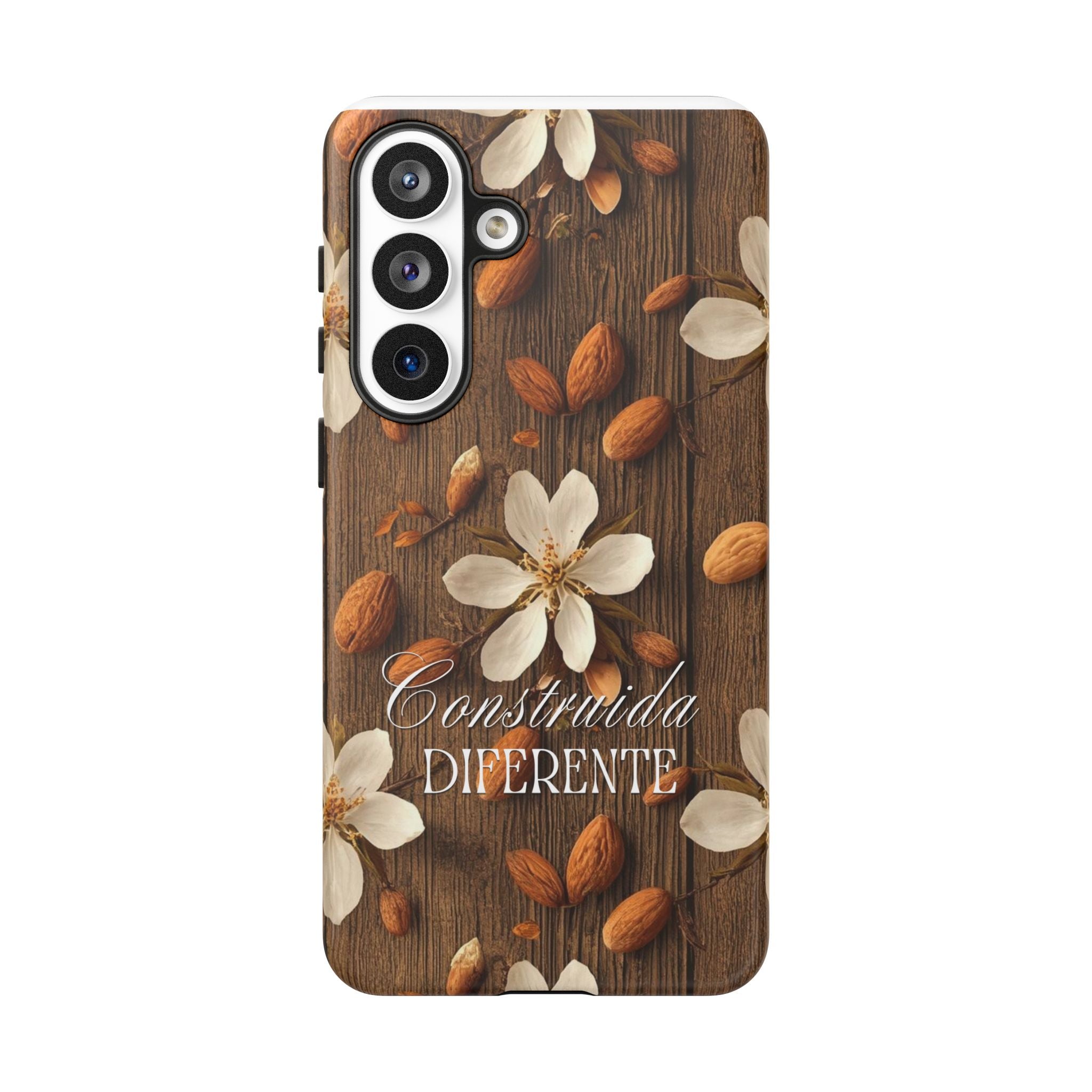 Phone Case — Floral Almond Wood Design with "Construida Diferente"