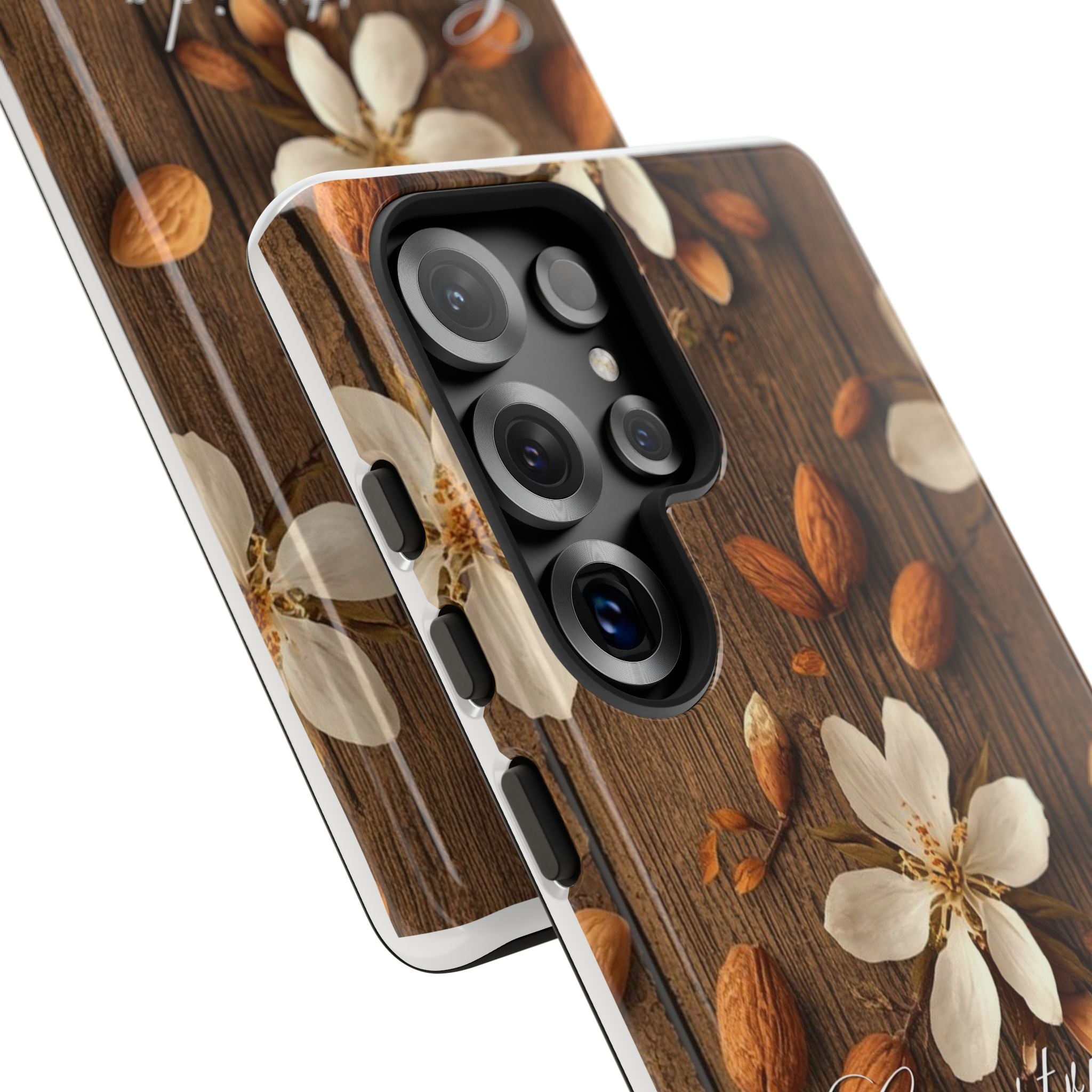 Phone Case — Floral Almond Wood Design with "Construida Diferente"
