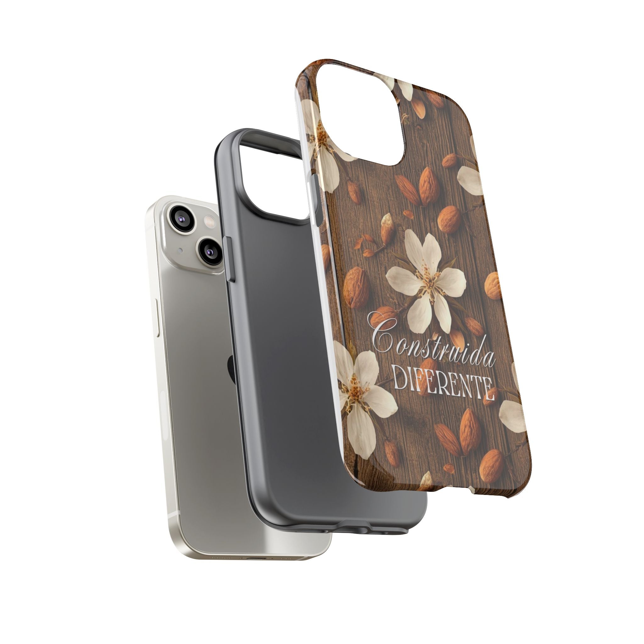 Phone Case — Floral Almond Wood Design with "Construida Diferente"