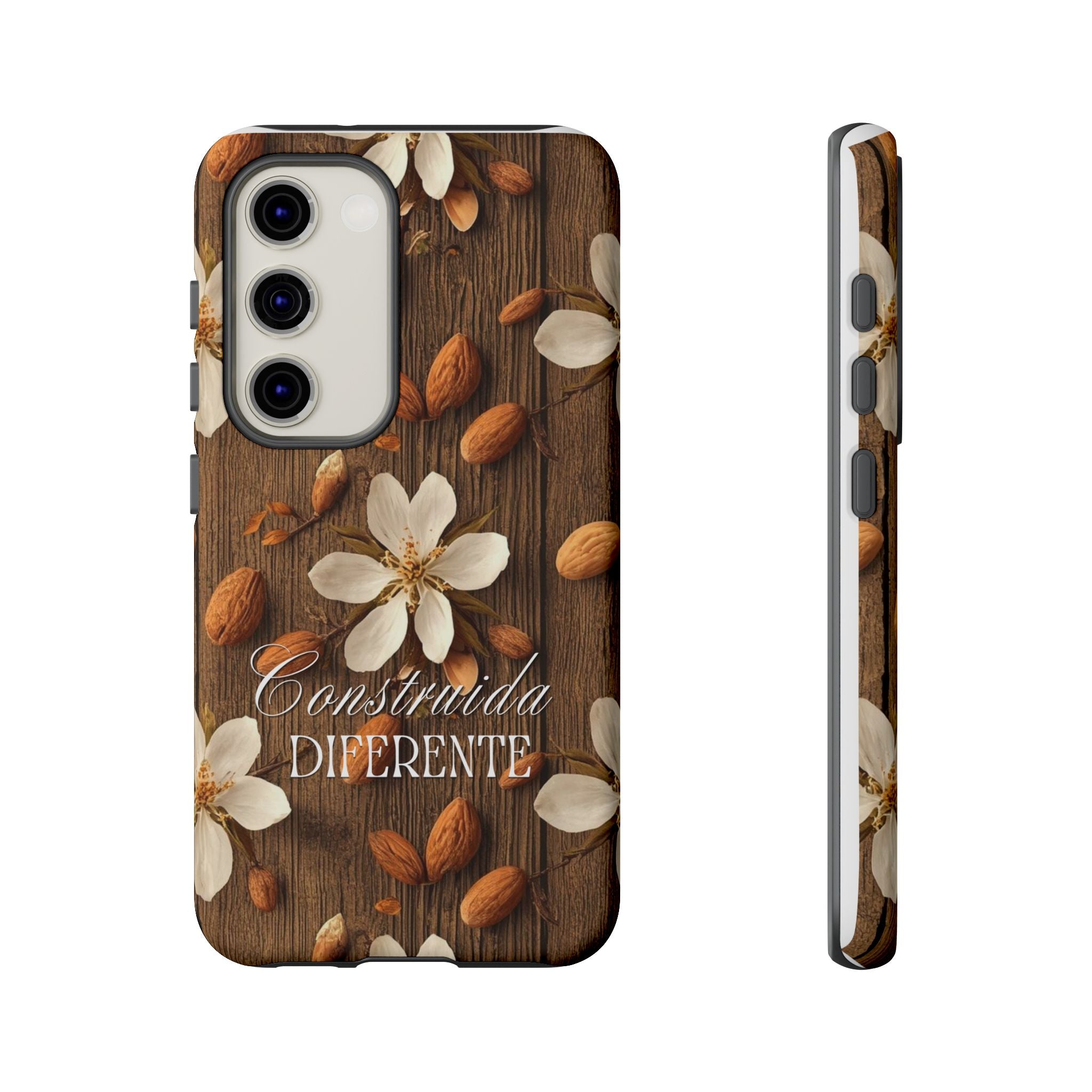 Phone Case — Floral Almond Wood Design with "Construida Diferente"