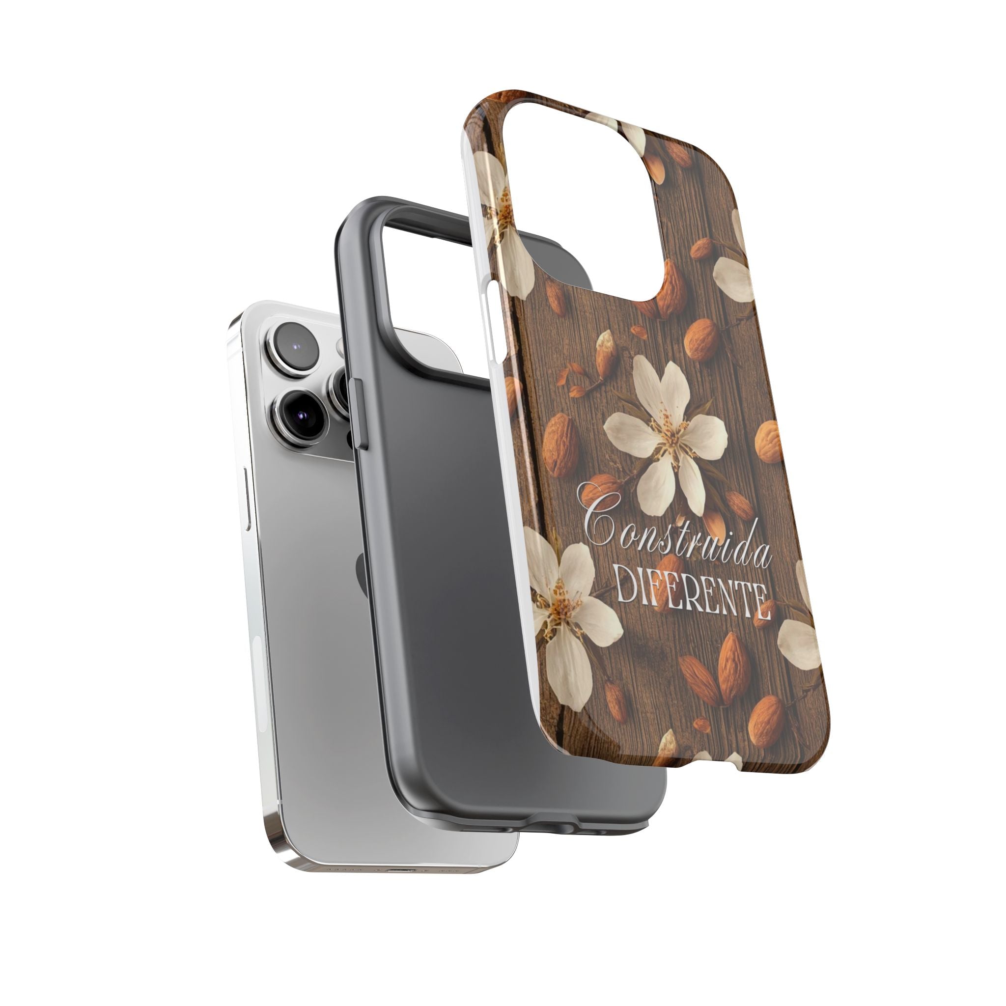 Phone Case — Floral Almond Wood Design with "Construida Diferente"