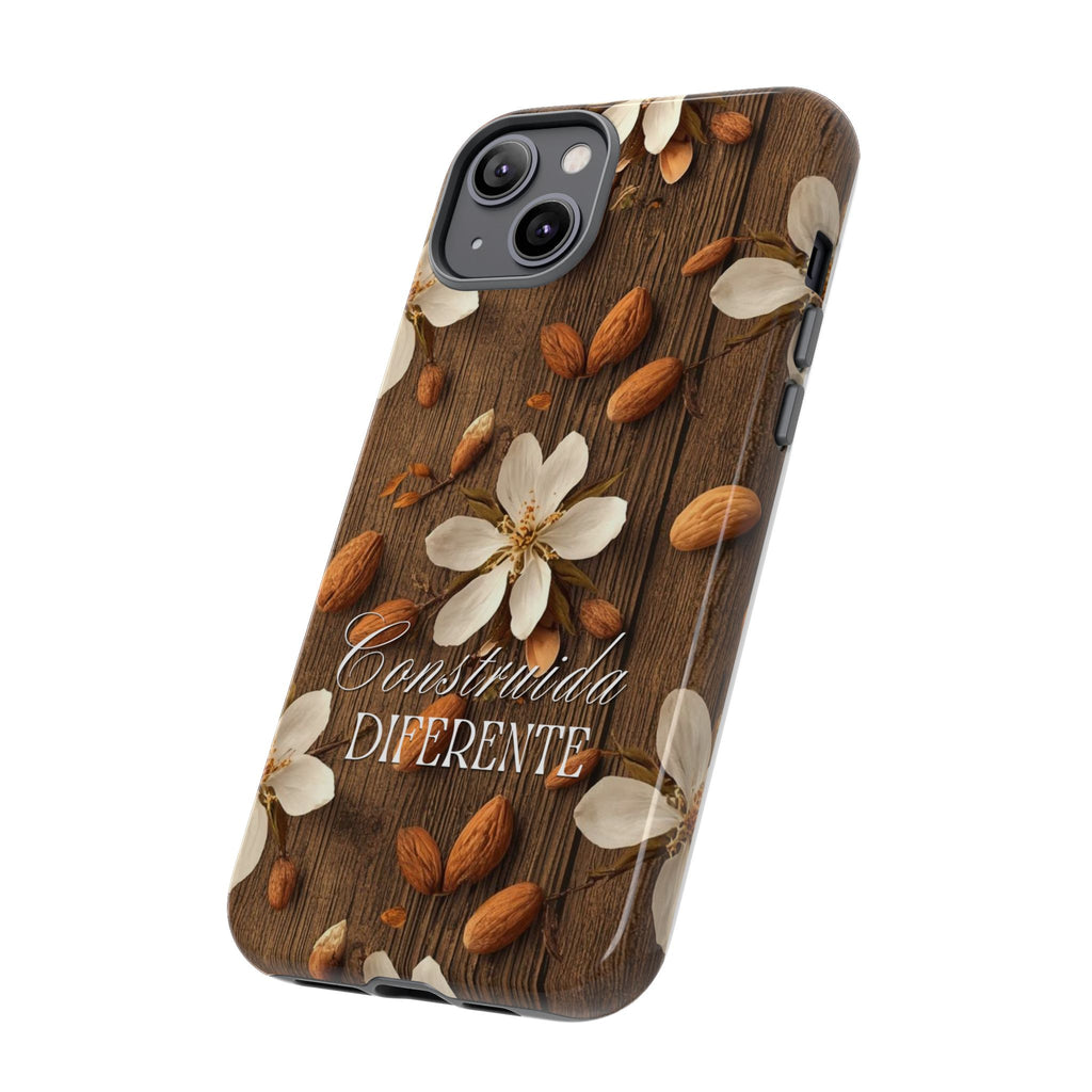Phone Case — Floral Almond Wood Design with "Construida Diferente"