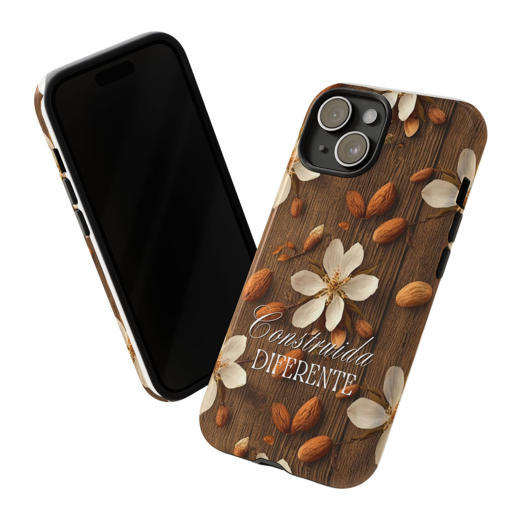 Phone Case — Floral Almond Wood Design with "Construida Diferente"