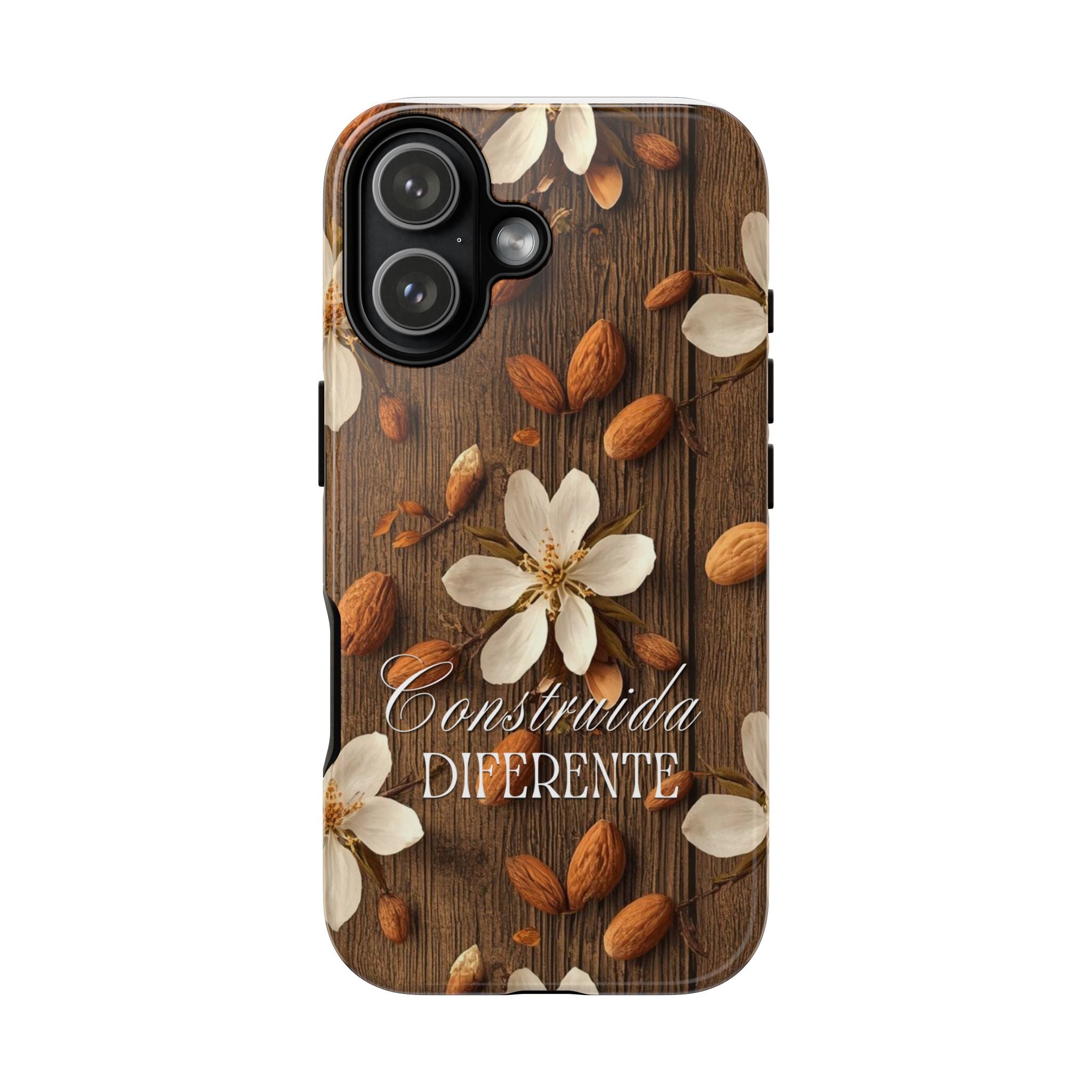 Phone Case — Floral Almond Wood Design with "Construida Diferente"