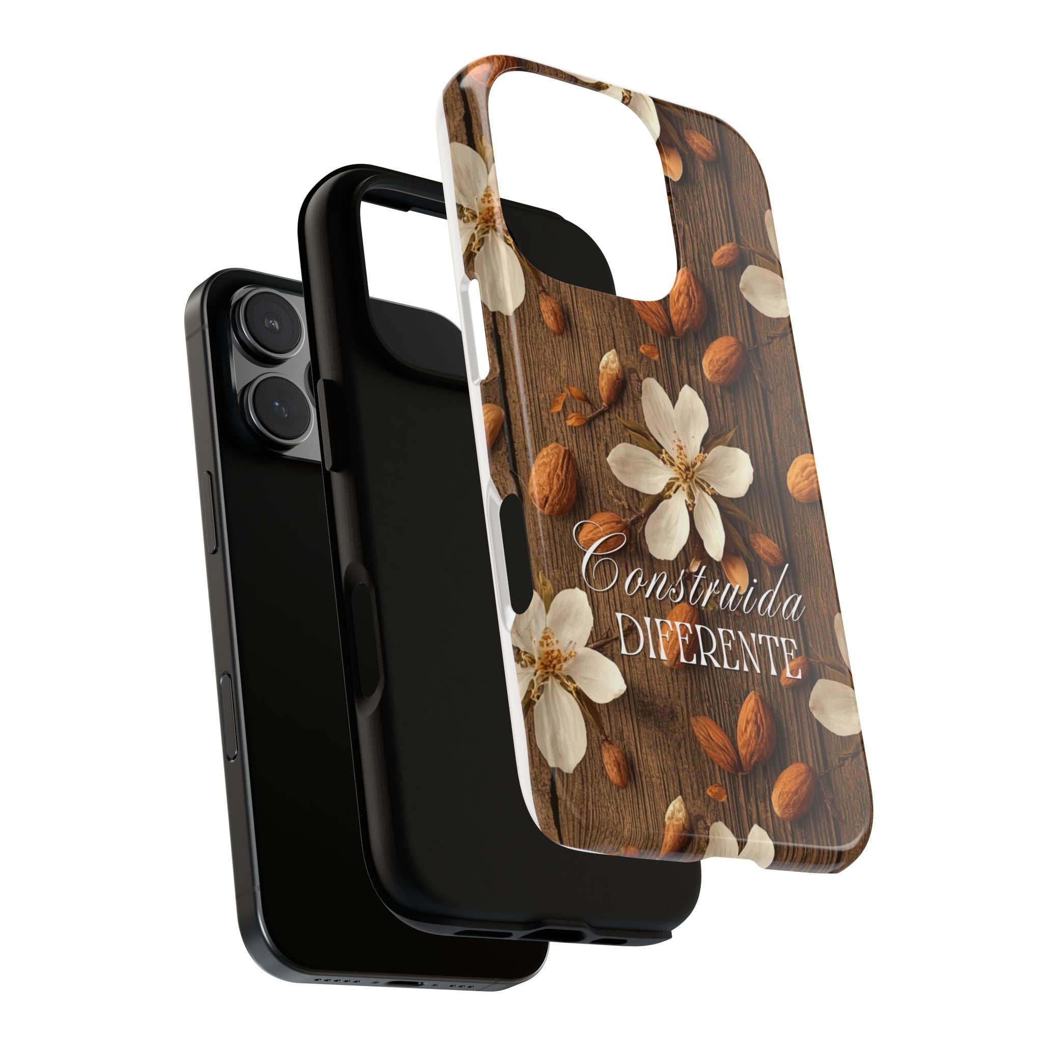 Phone Case — Floral Almond Wood Design with "Construida Diferente"