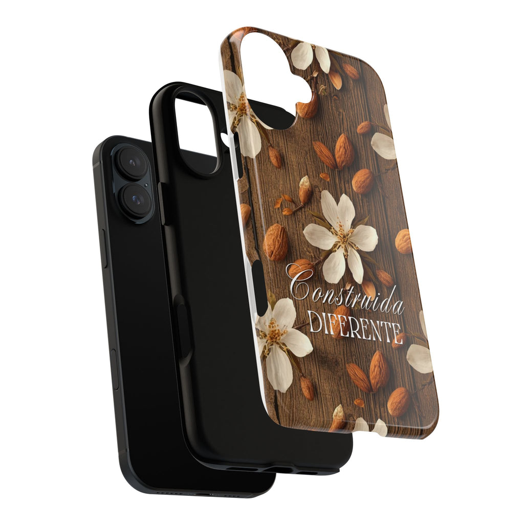 Phone Case — Floral Almond Wood Design with "Construida Diferente"