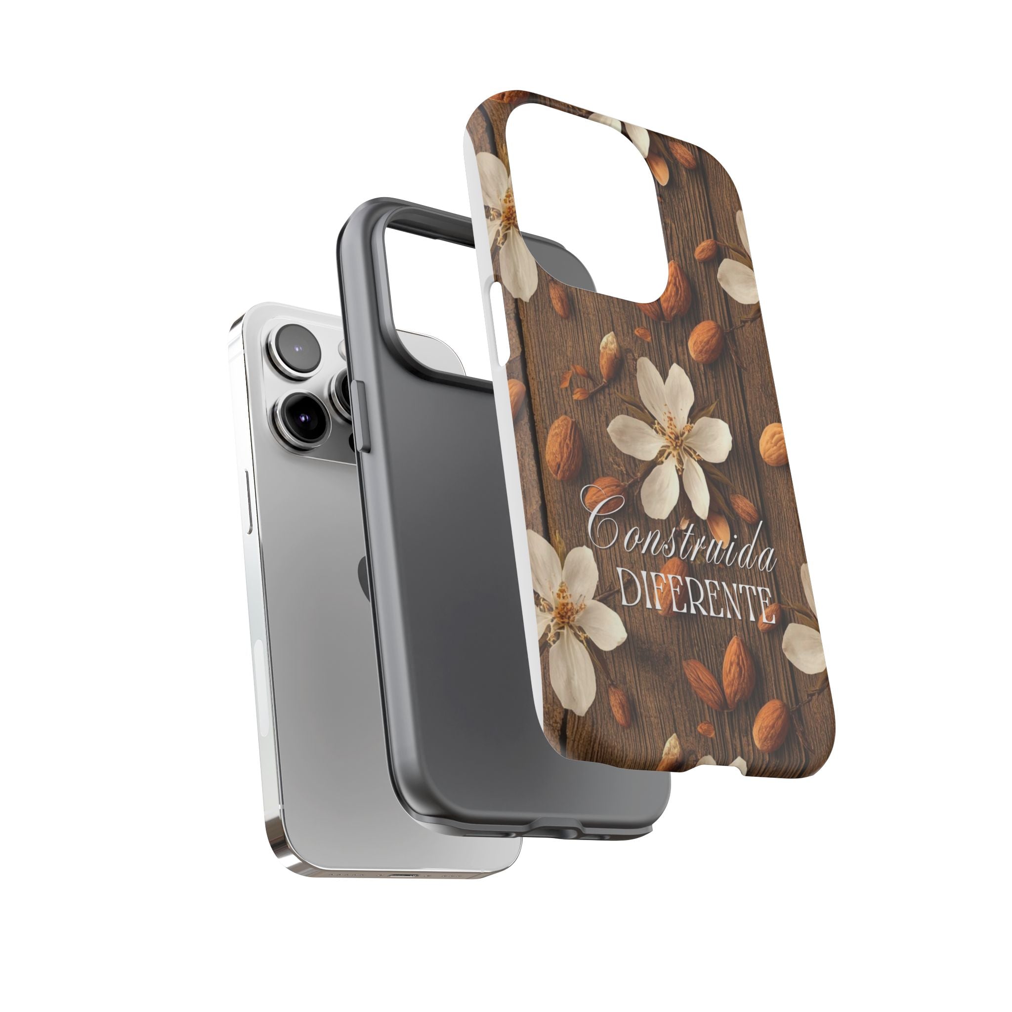 Phone Case — Floral Almond Wood Design with "Construida Diferente"