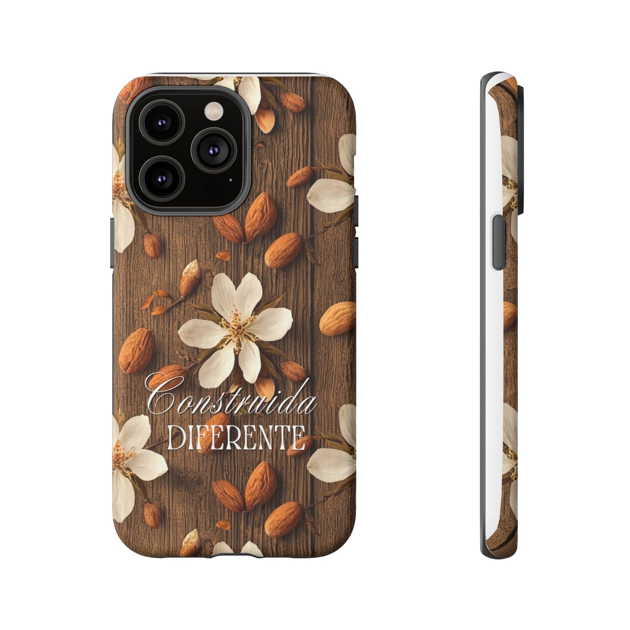Phone Case — Floral Almond Wood Design with "Construida Diferente"