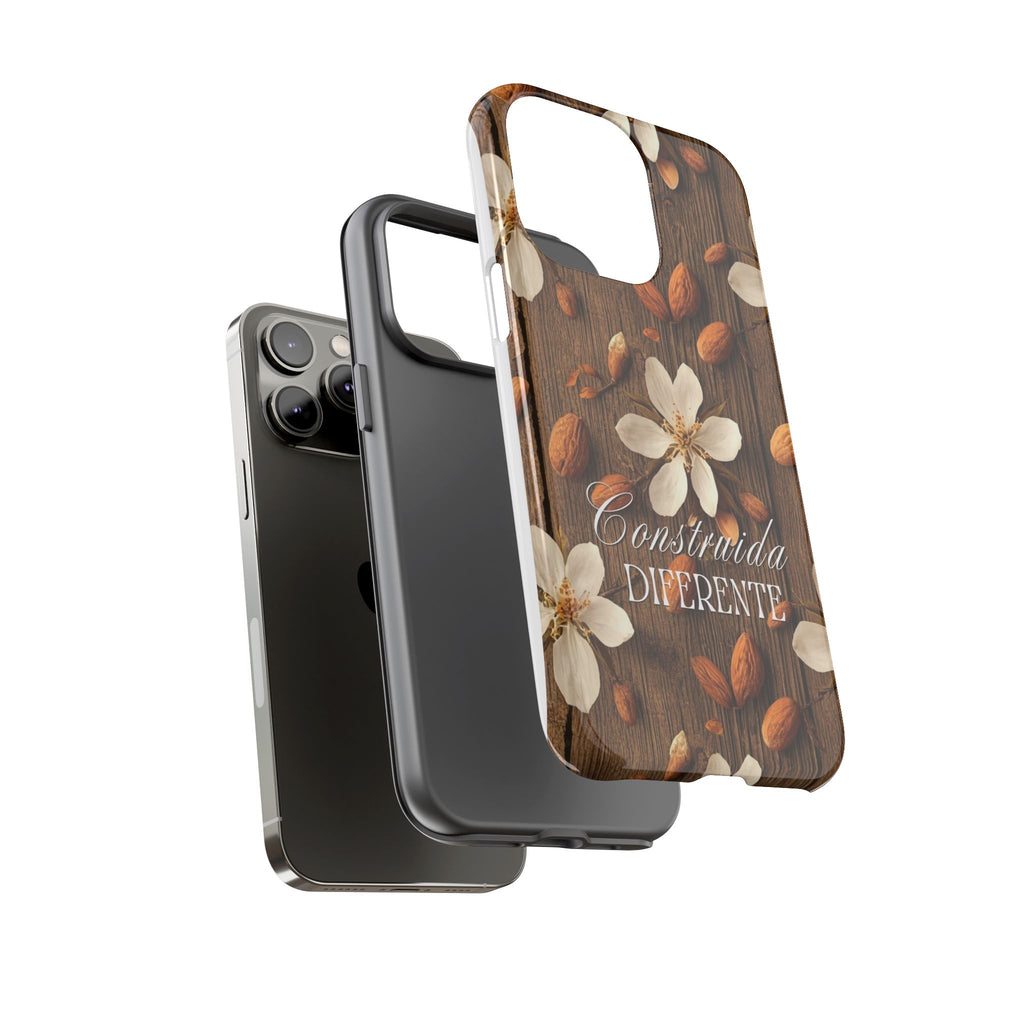 Phone Case — Floral Almond Wood Design with "Construida Diferente"