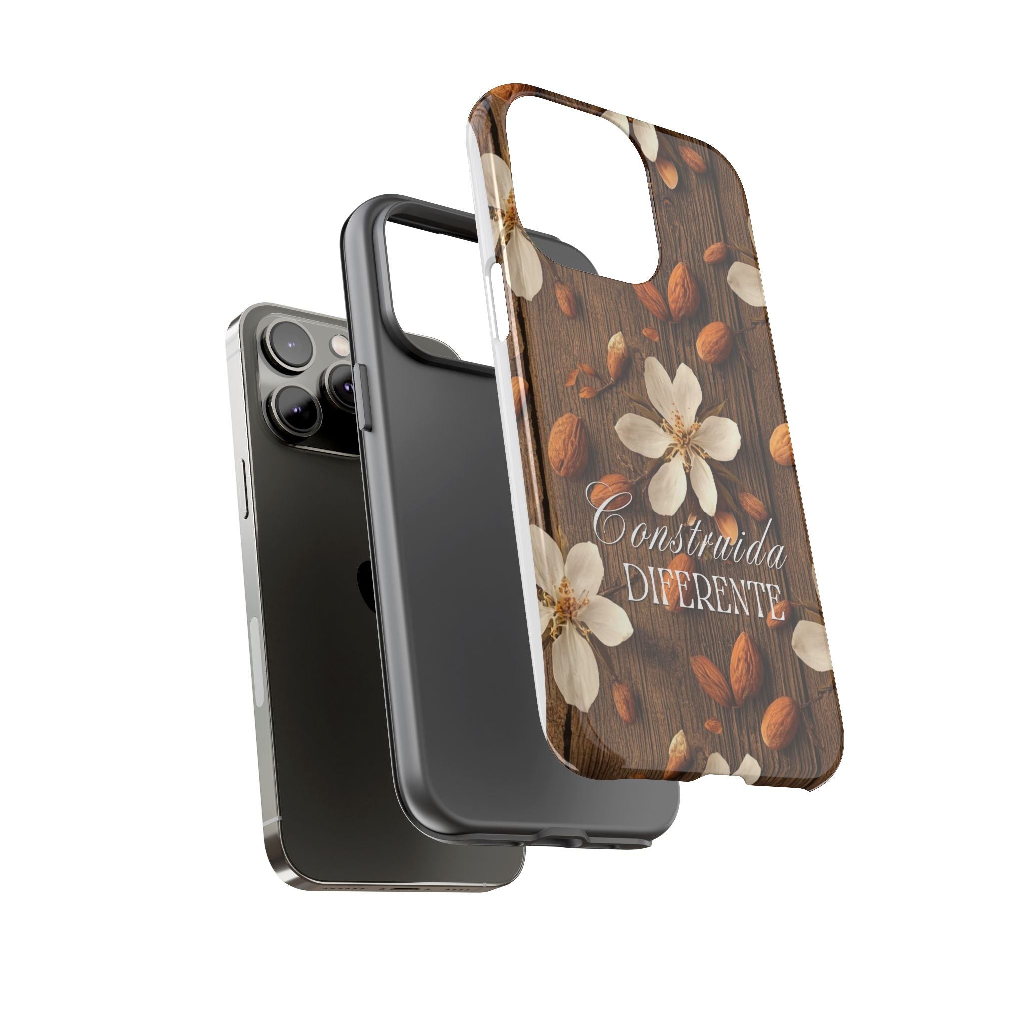Phone Case — Floral Almond Wood Design with "Construida Diferente"