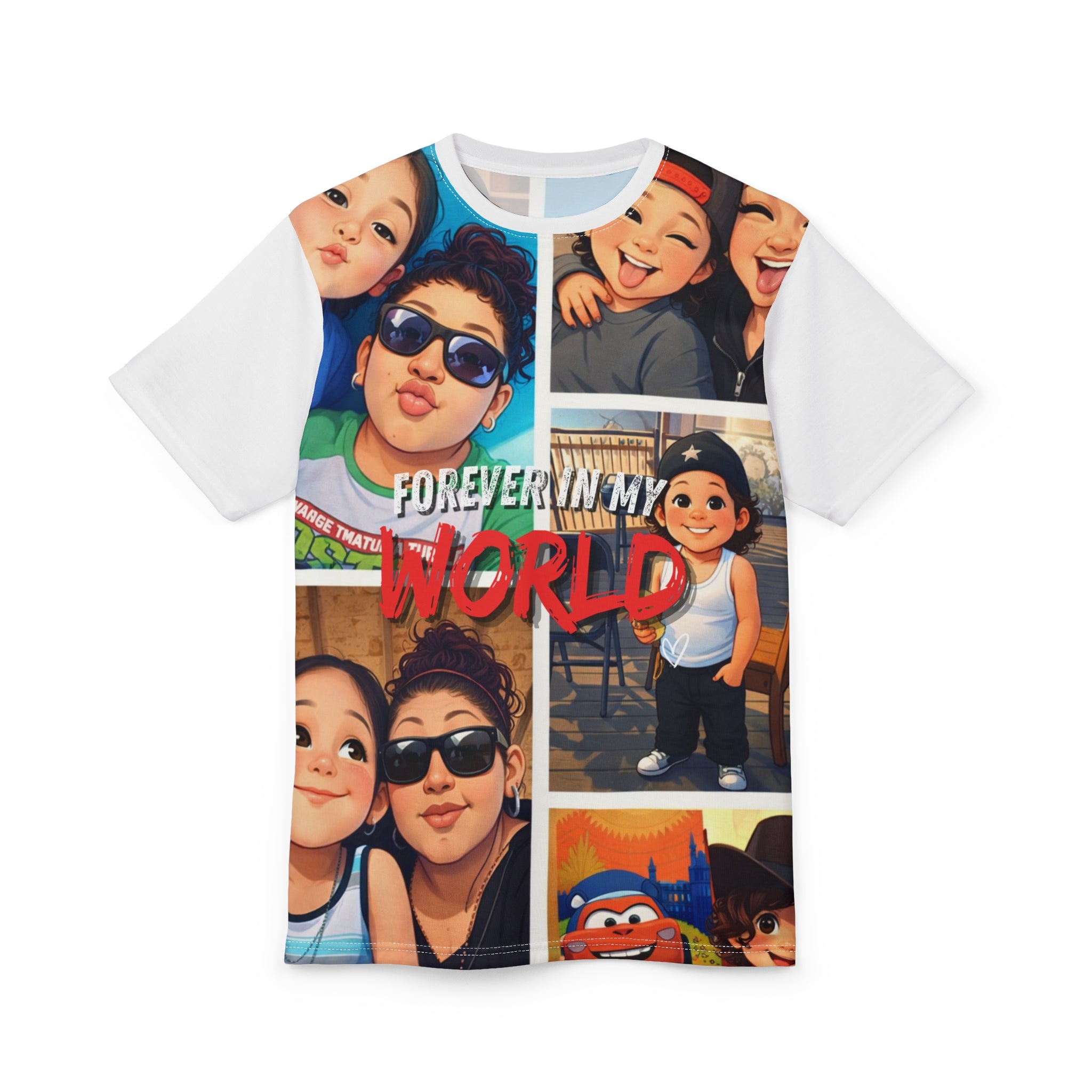 Cartoon Photo Collage Tee — "Tiny's World" All-Over Print