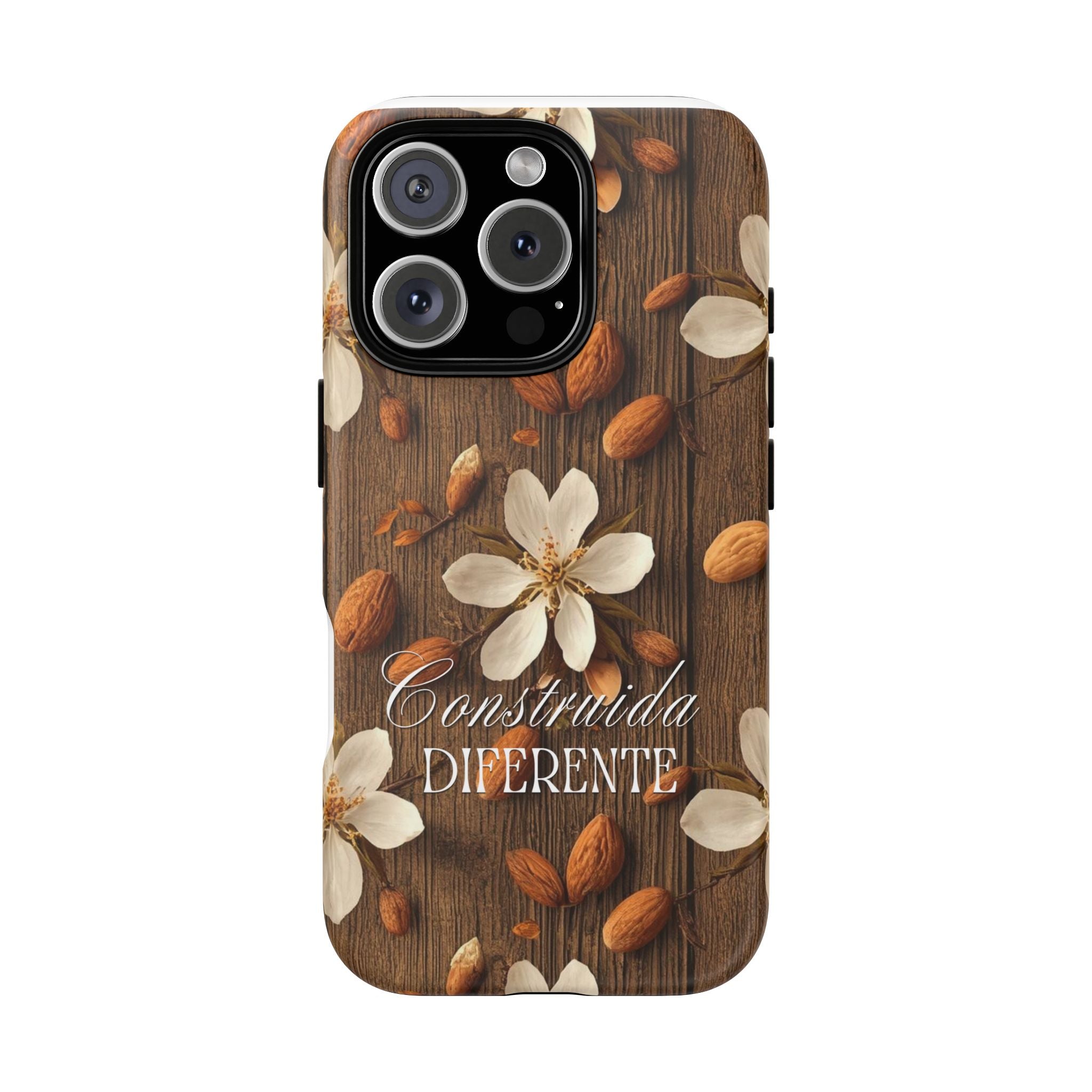 Phone Case — Floral Almond Wood Design with "Construida Diferente"