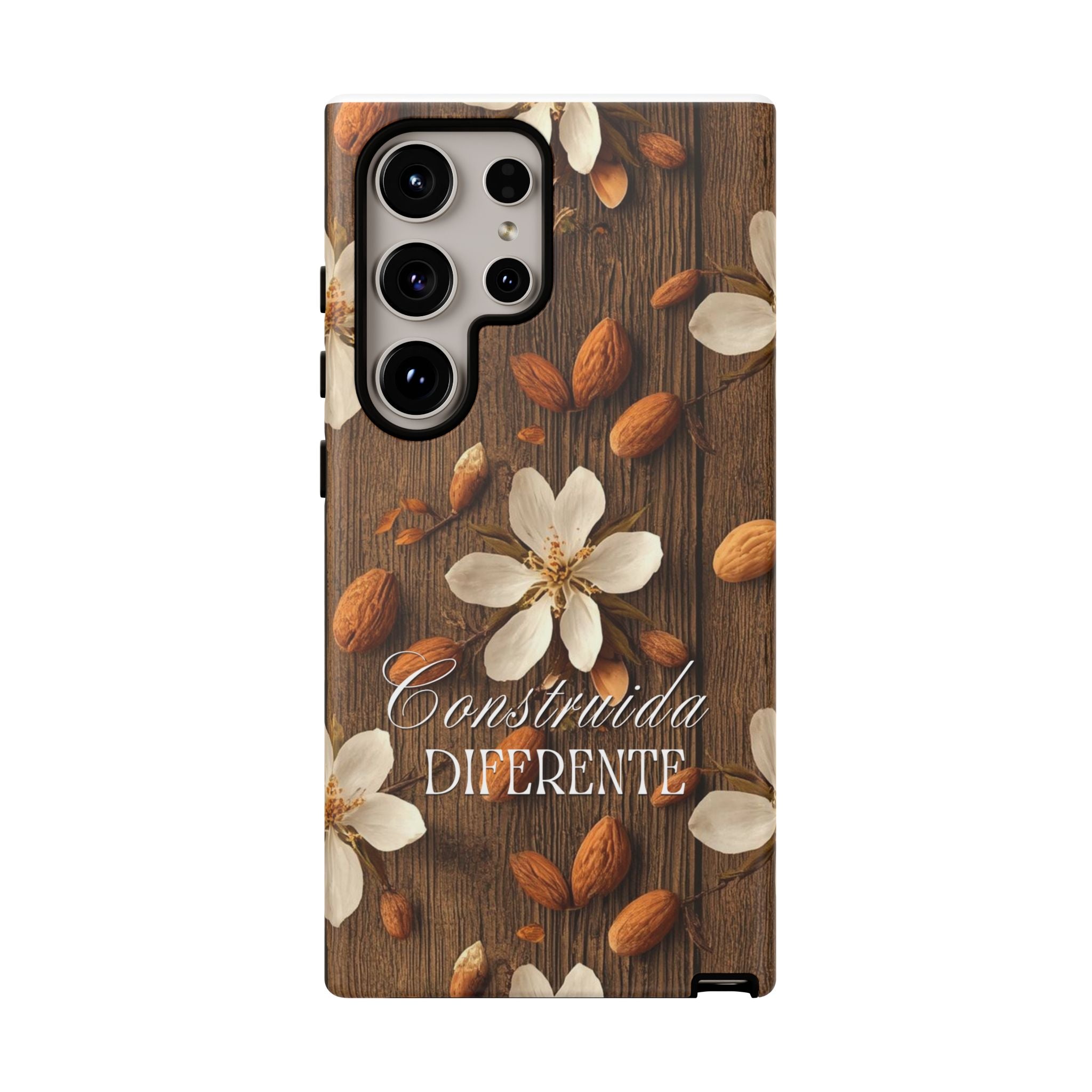 Phone Case — Floral Almond Wood Design with "Construida Diferente"